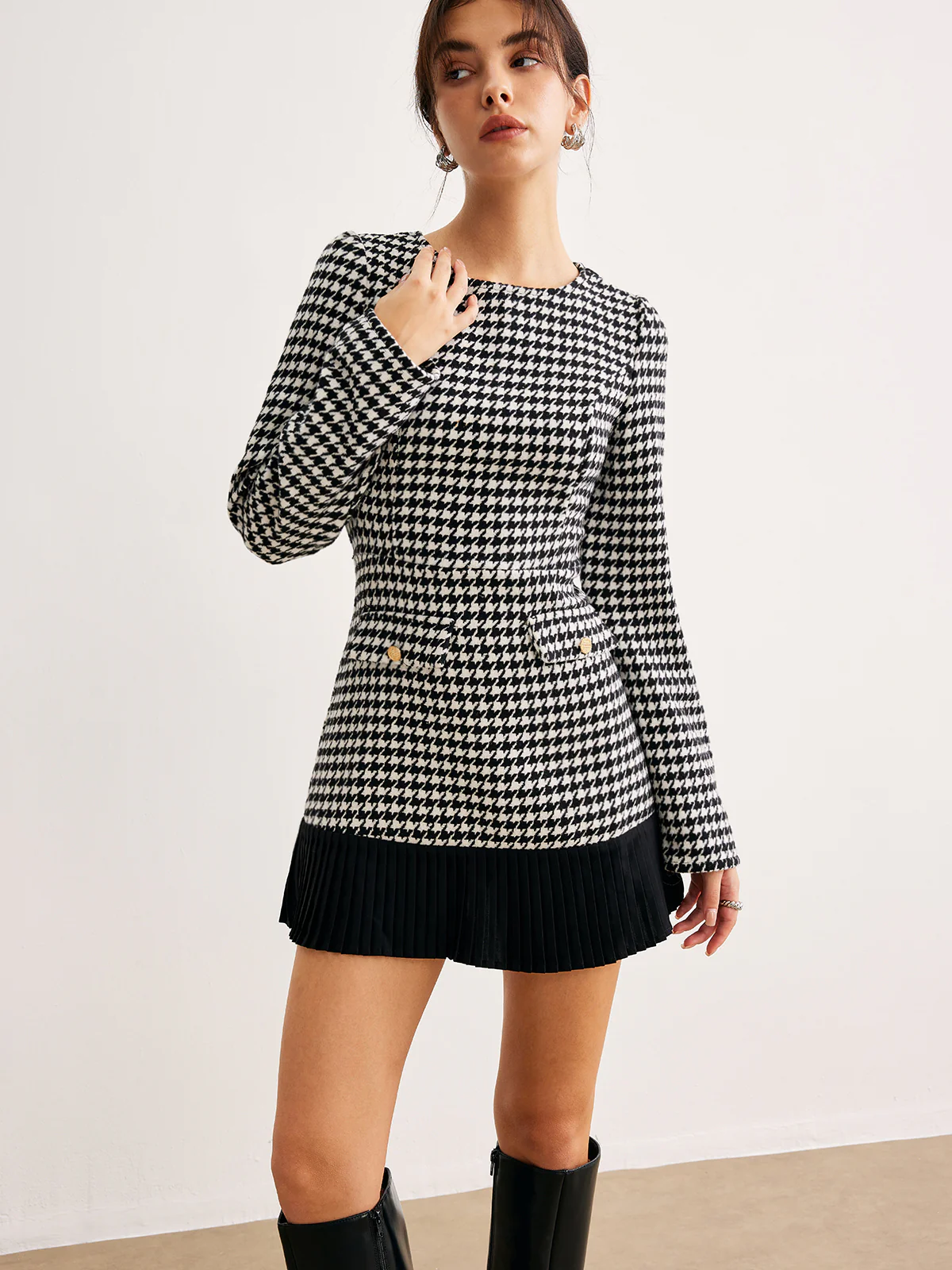 Houndstooth Panel Short Dress - Takermore