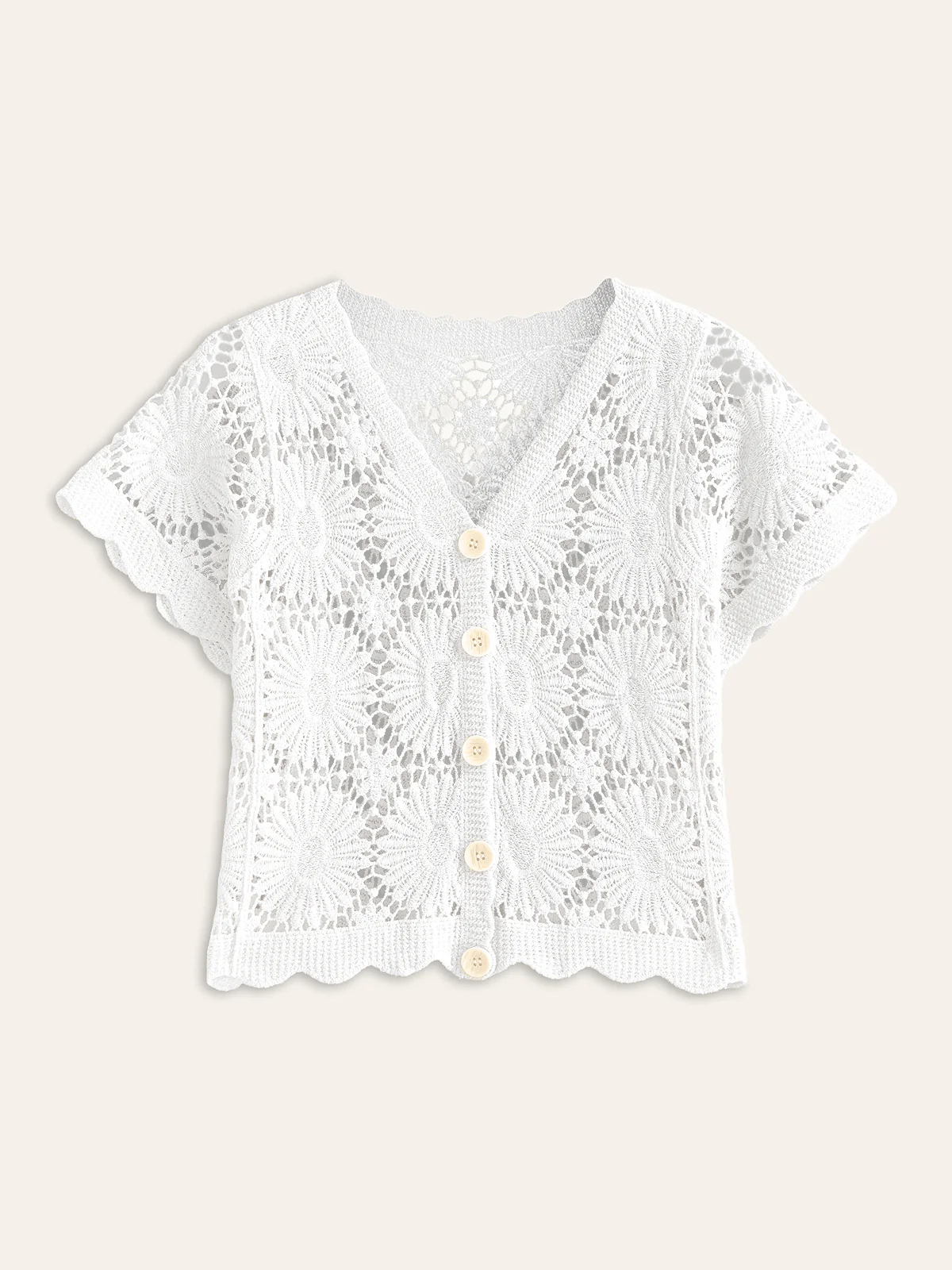 Crochet Floral Button-Front Cardigan - Takermore