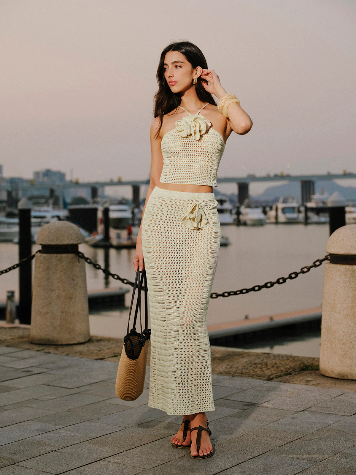 Knit Hollow Ditsy Floral Drawstring Skirt Set - Takermore