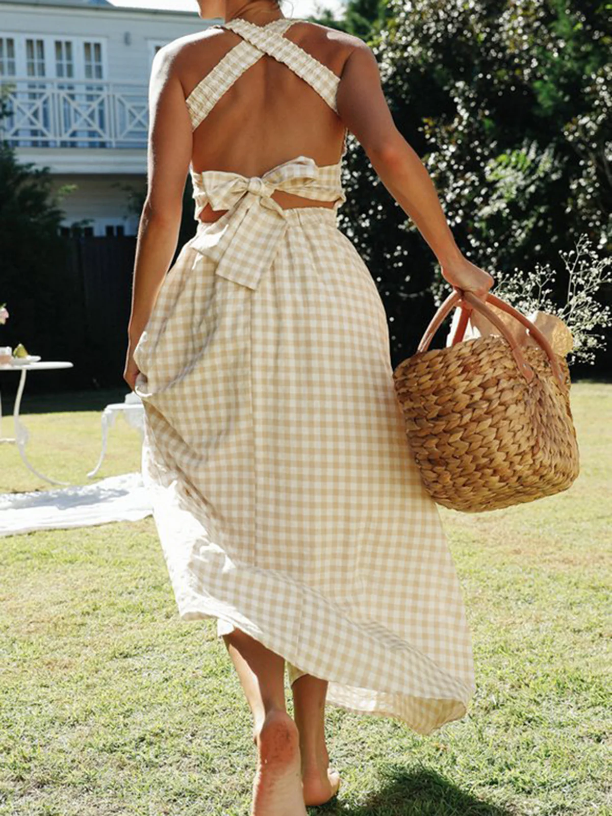 Countryside Plaid Print Halter Criss Cross Long Dress - Takermore