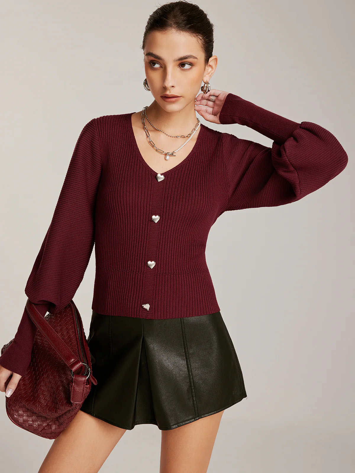 Lantern Sleeve V-Neck Sweater - Takermore