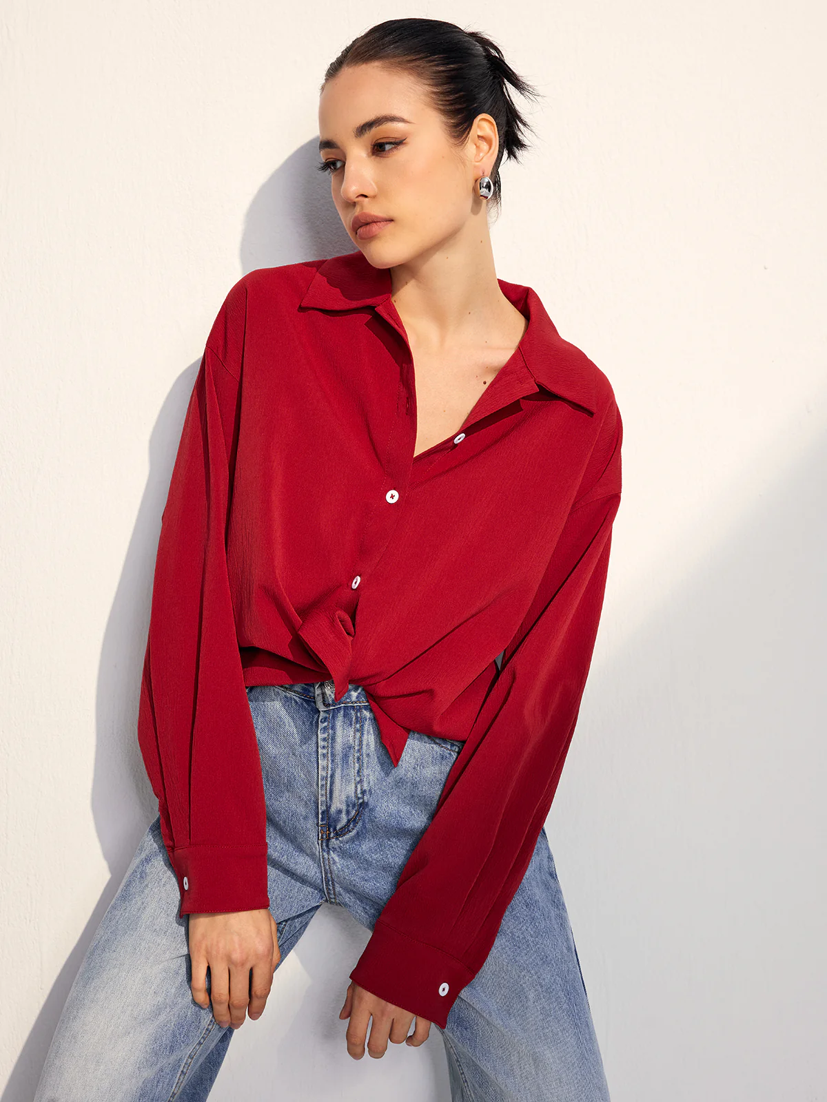 Oversized Solid Lapel Button Draped Shirt - Takermore
