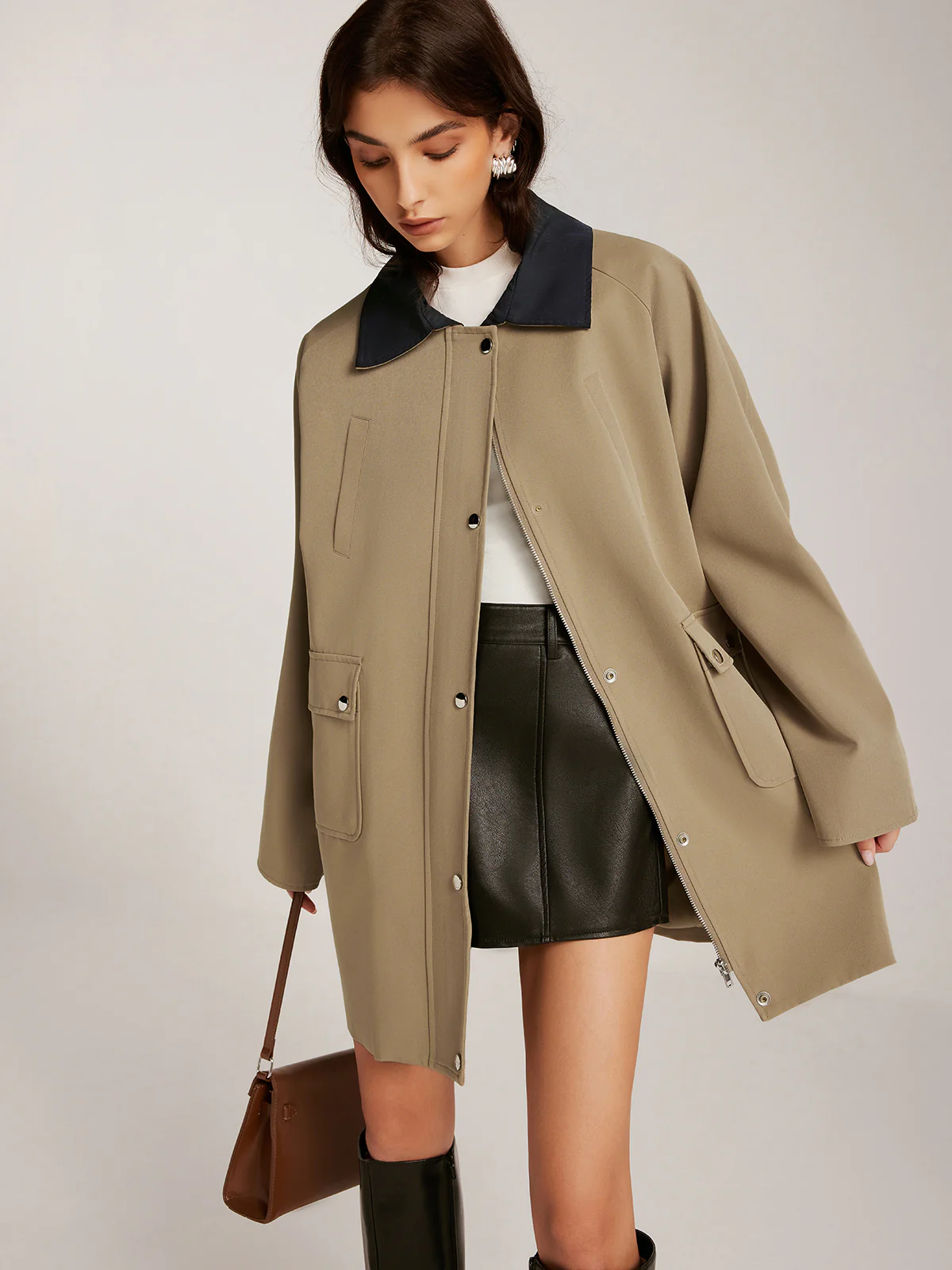 Contrast-Collar Zipper Oversized Trench Coat - Takermore