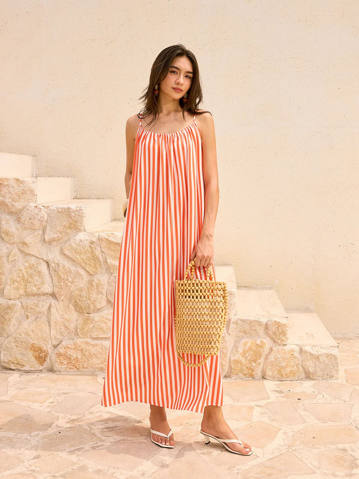 Striped Backless Maxi Dress - Takermore