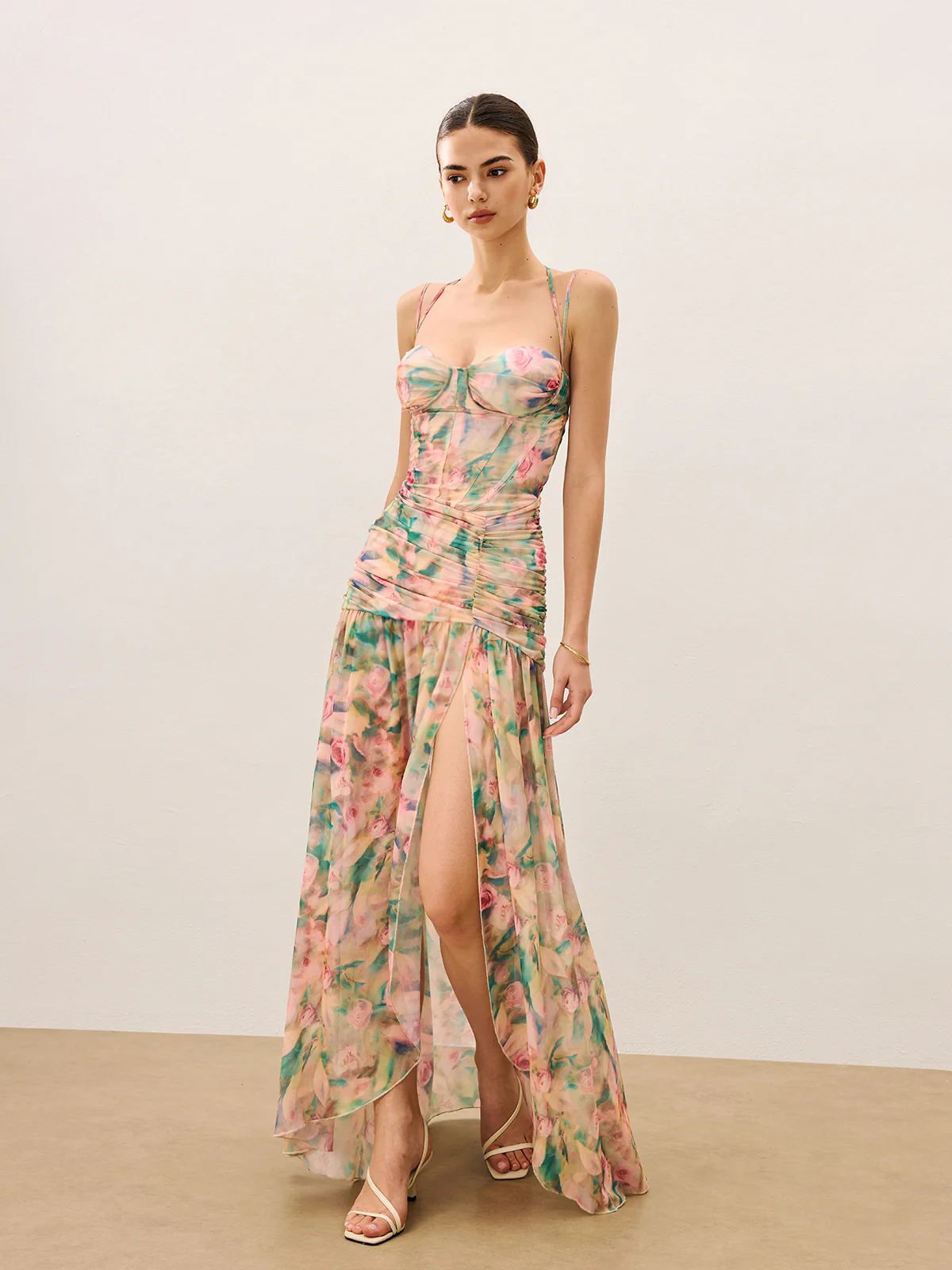 Floral Print Ruched Cami Dress With High Split - Takermore