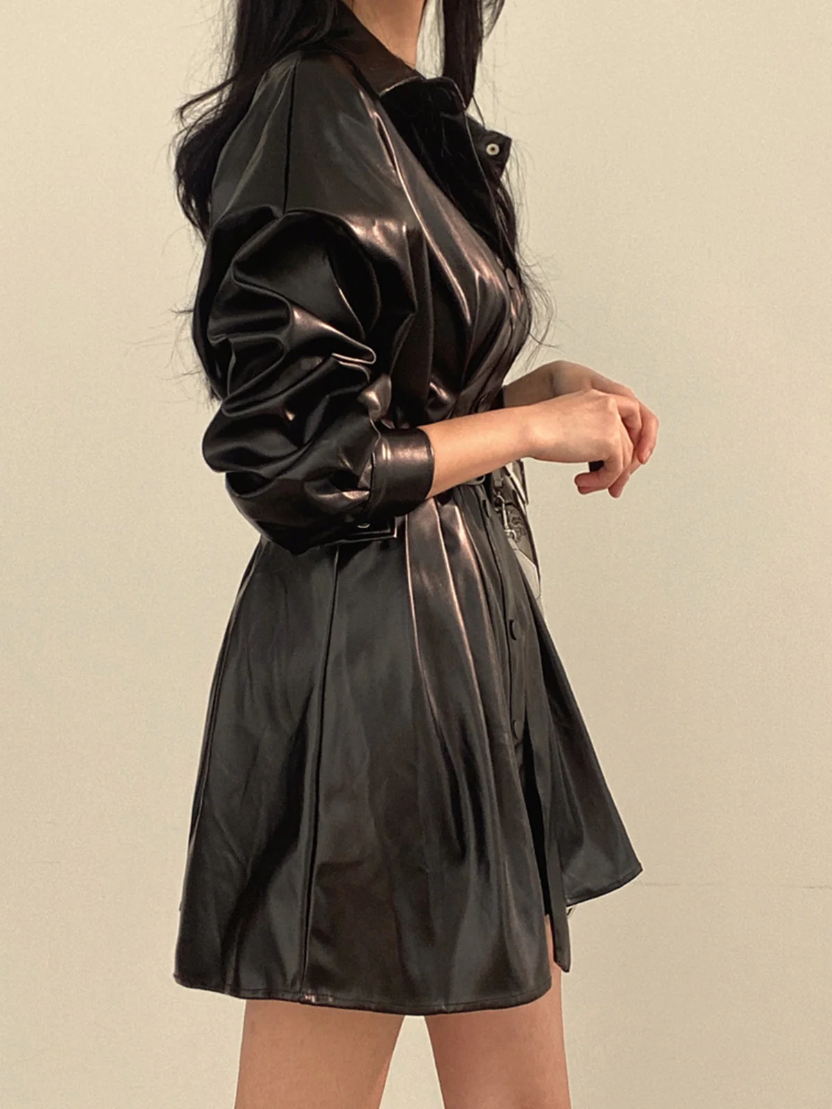 Plain Belted PU Leather Dress - Takermore