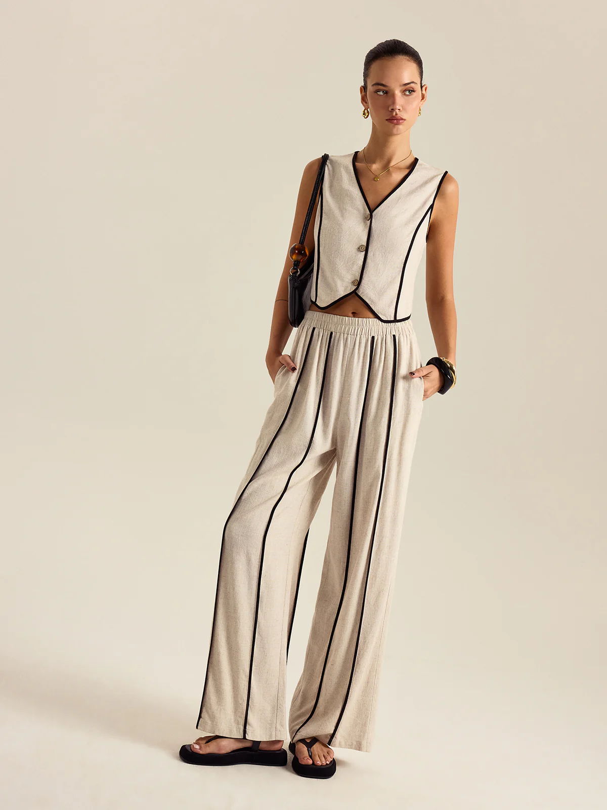 Linen & Cotton Striped Pants Set With Elastic Waist - Takermore