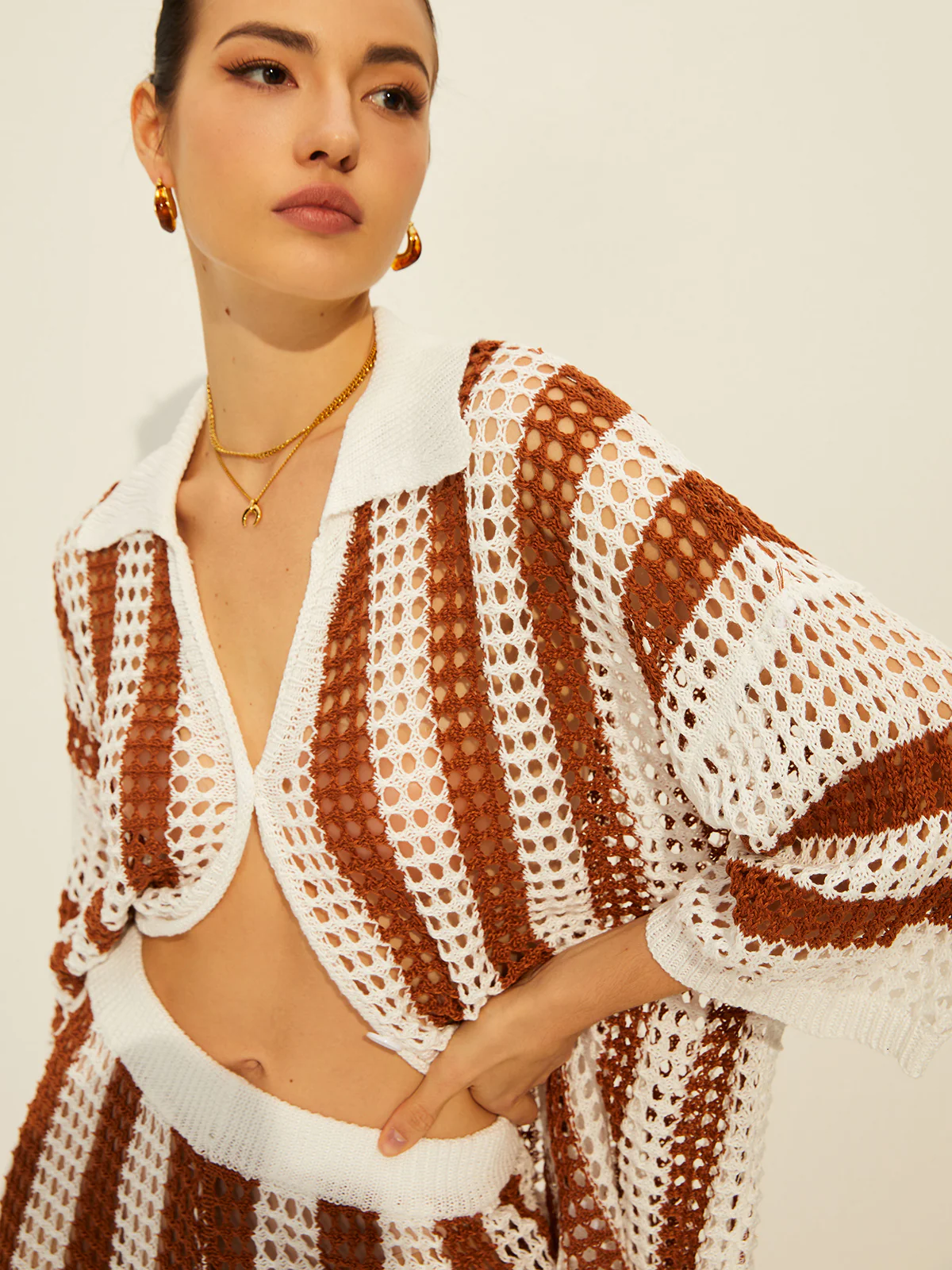 Sheer Stripe Polo Knit Pants Set - Takermore