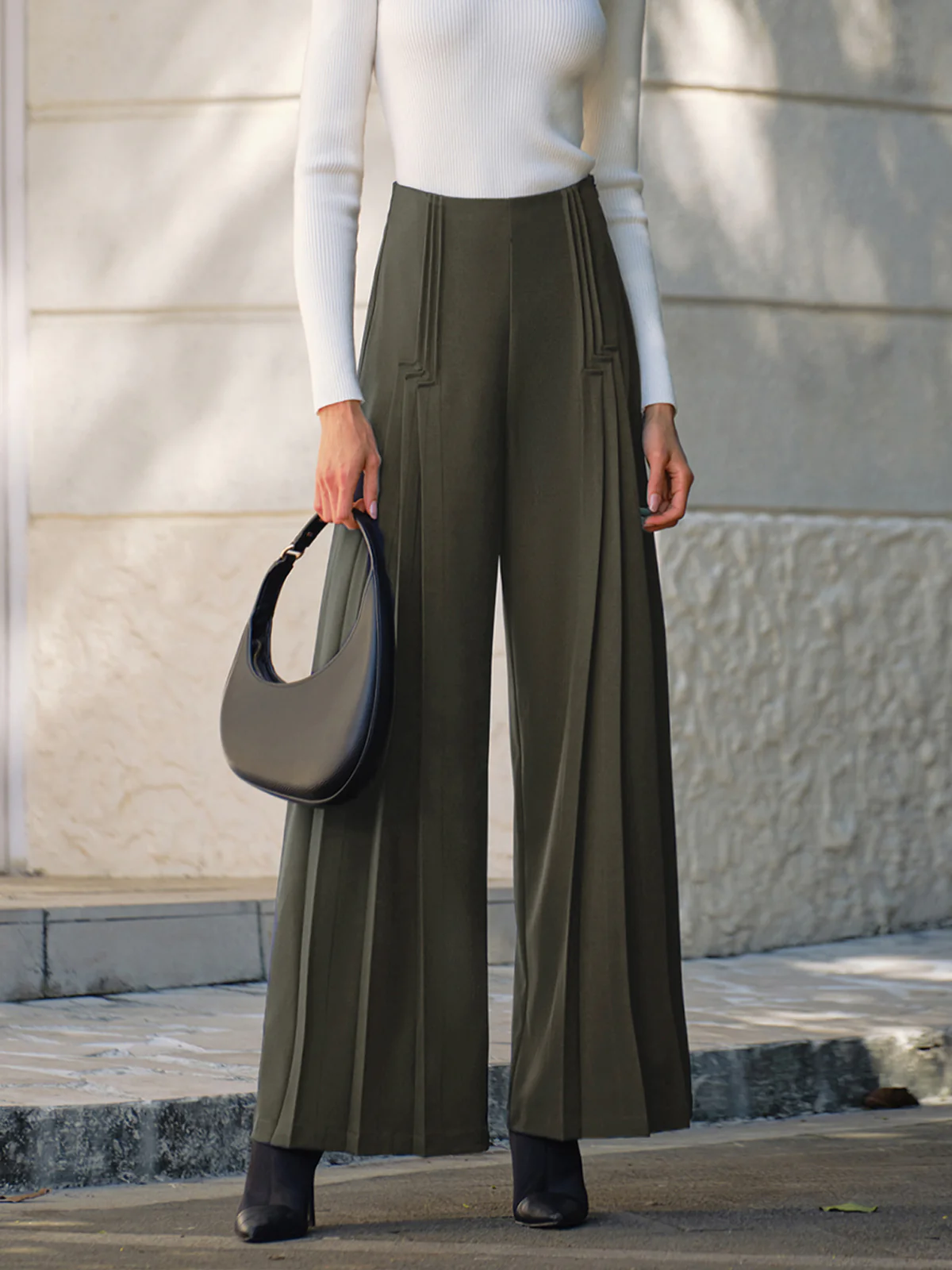 Pleated Design Wide-Leg Pants - Takermore
