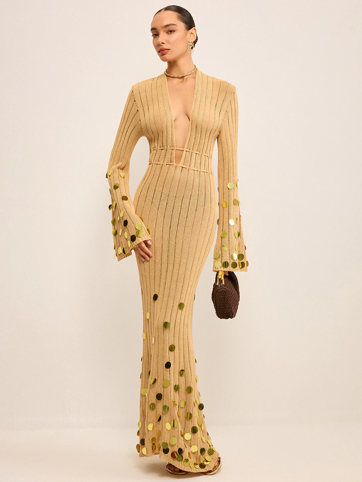 Knit Maxi Dress with Sequin Embellishments - Takermore
