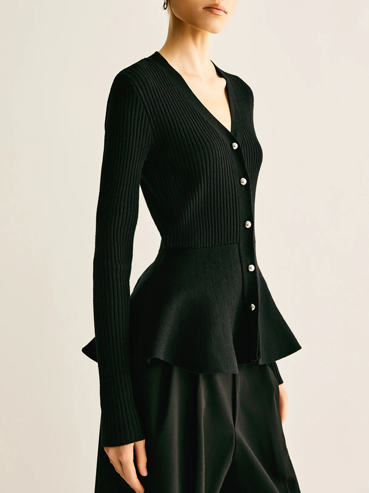 Oversized Ribbed Panel Bud Waist Button Knit Top - Takermore