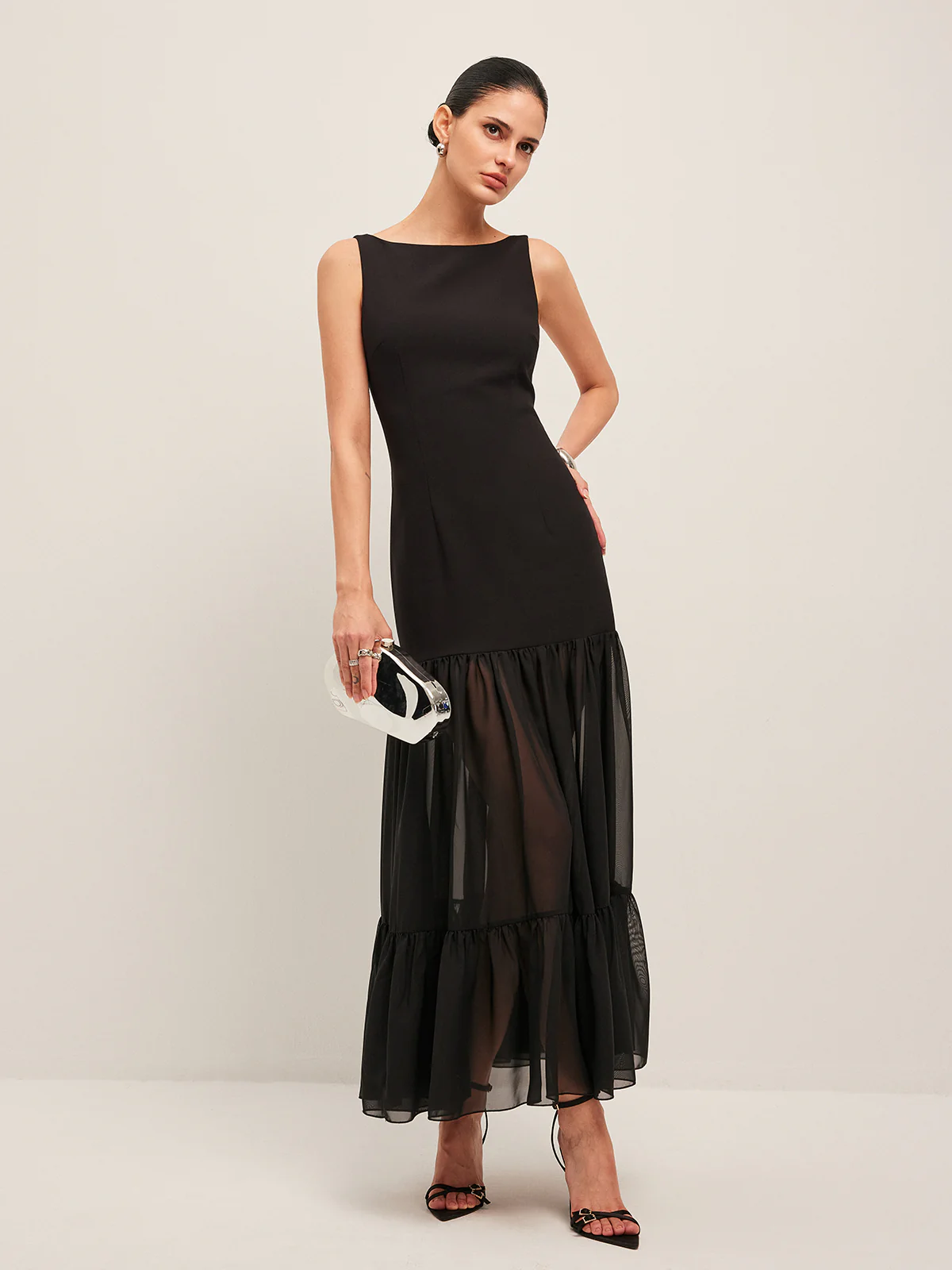 Sheer Panel Back-Tie Ruffled Hem Dress - Takermore