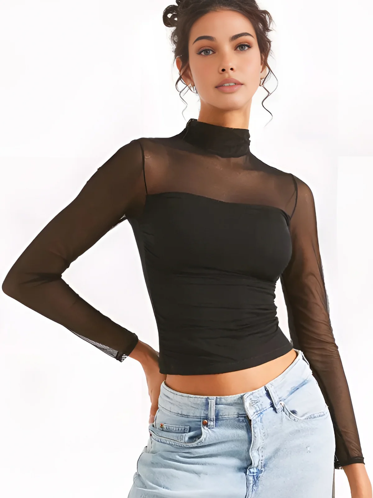 Pleated Sheer Panel T-Shirt - Takermore