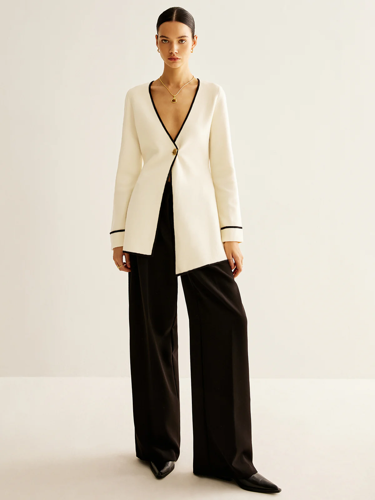 Wool-Blend Contrast Trim Slit Cardigan - Takermore