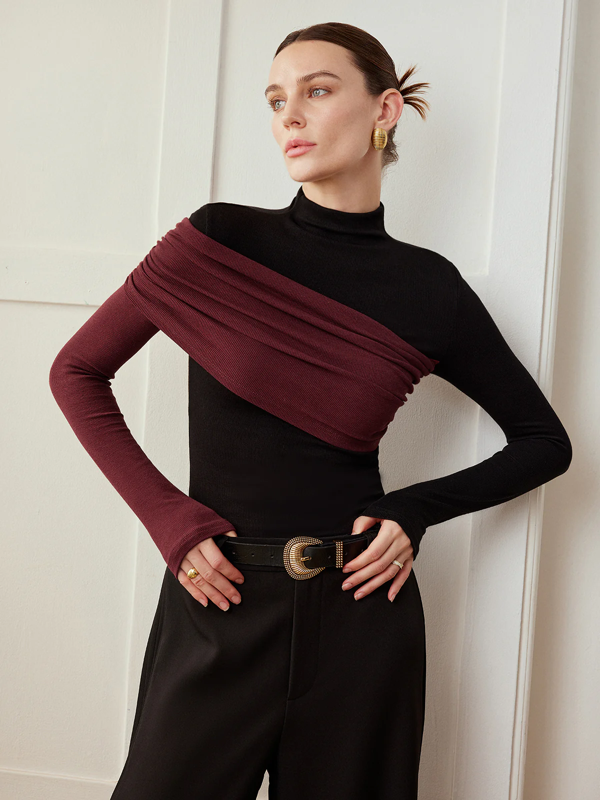 Color Block Pleated Jersey Slim Top - Takermore