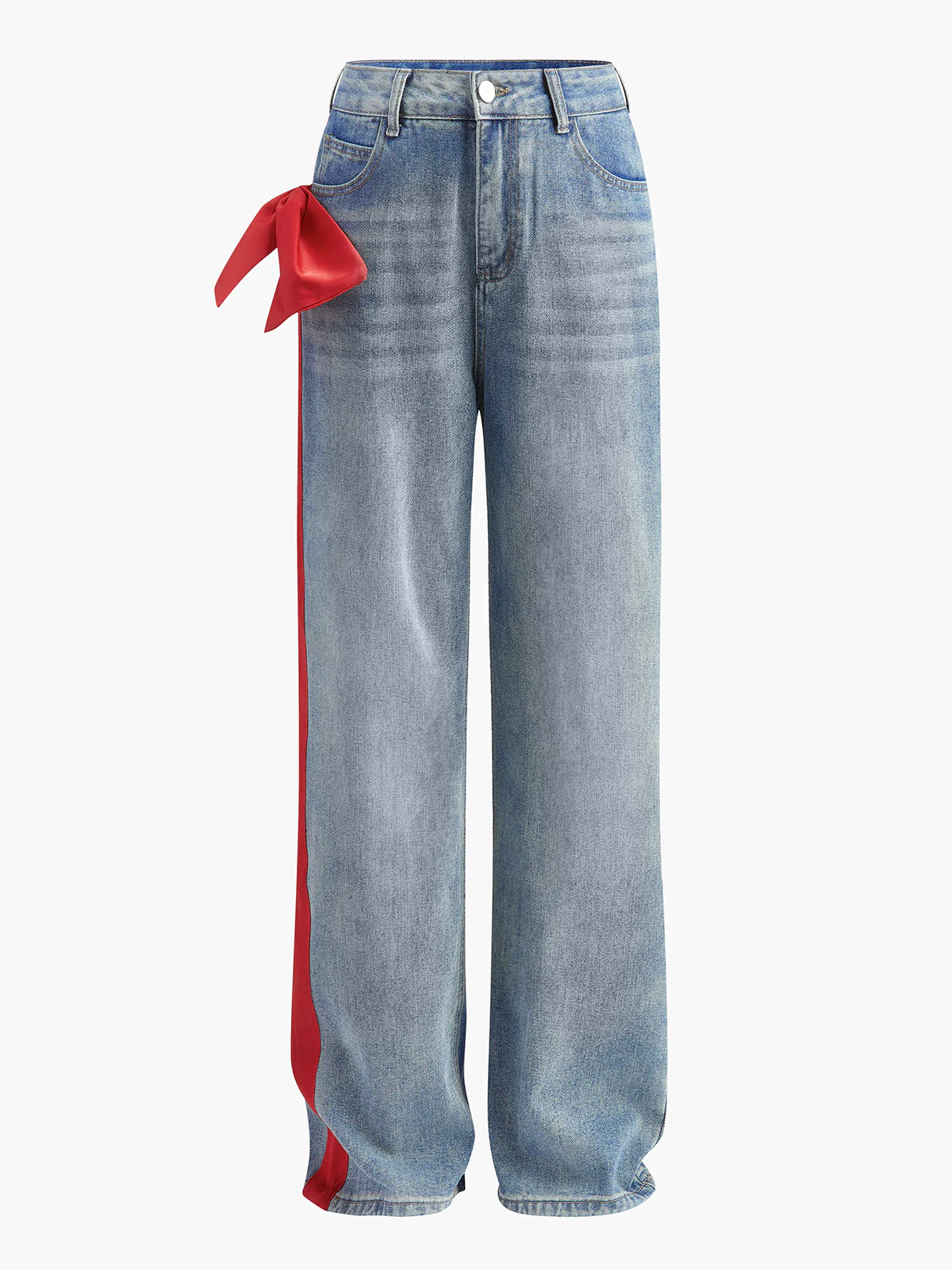 Mid-Waist Bow-Decor Denim Jeans - Takermore