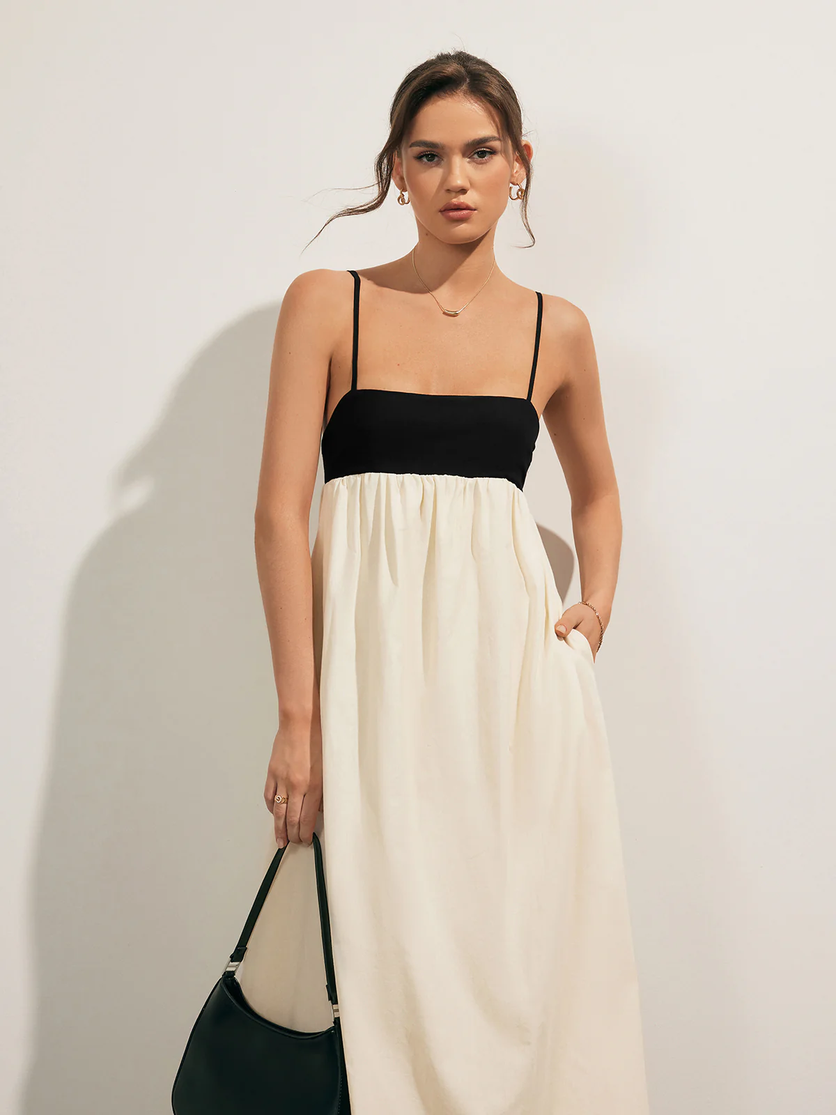 Open Back Contrast Pocket Long Dress - Takermore