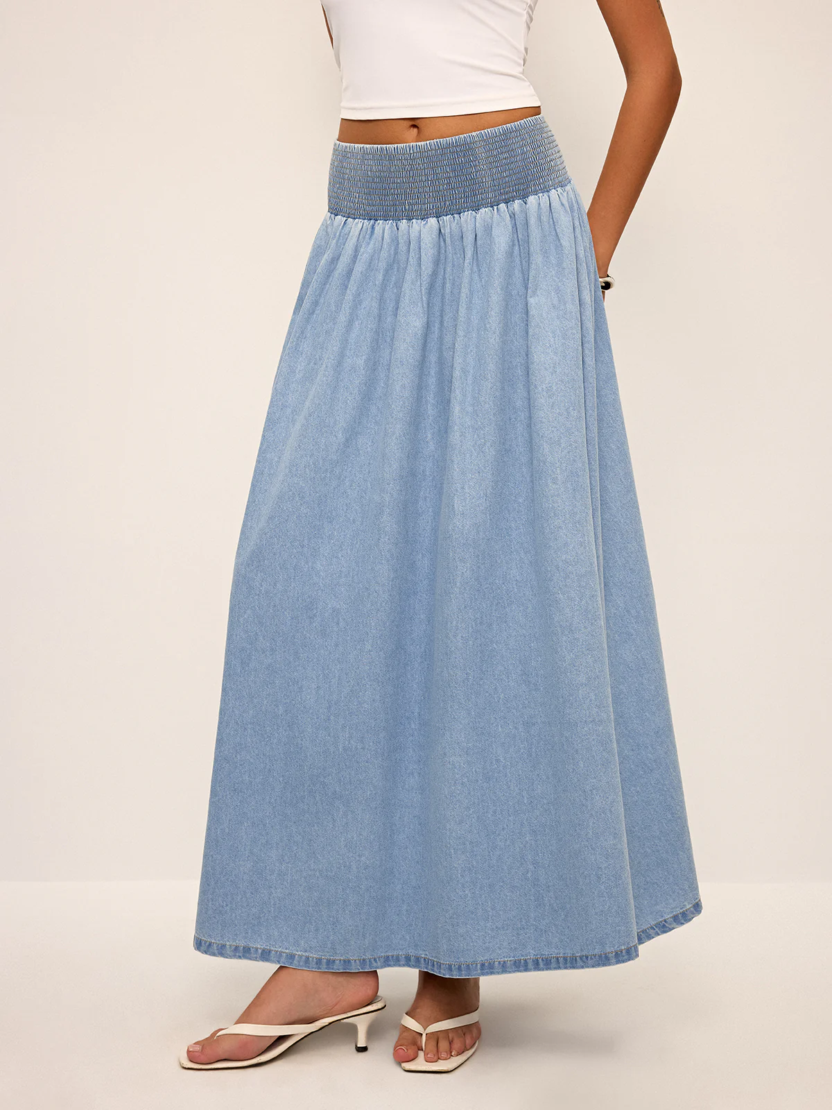 Smocked Waistband Denim Maxi Skirt - Takermore