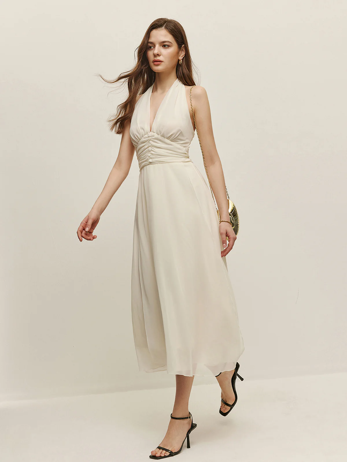 Halter Adjustable Straps Zipper V-Neck Long Dress - Takermore
