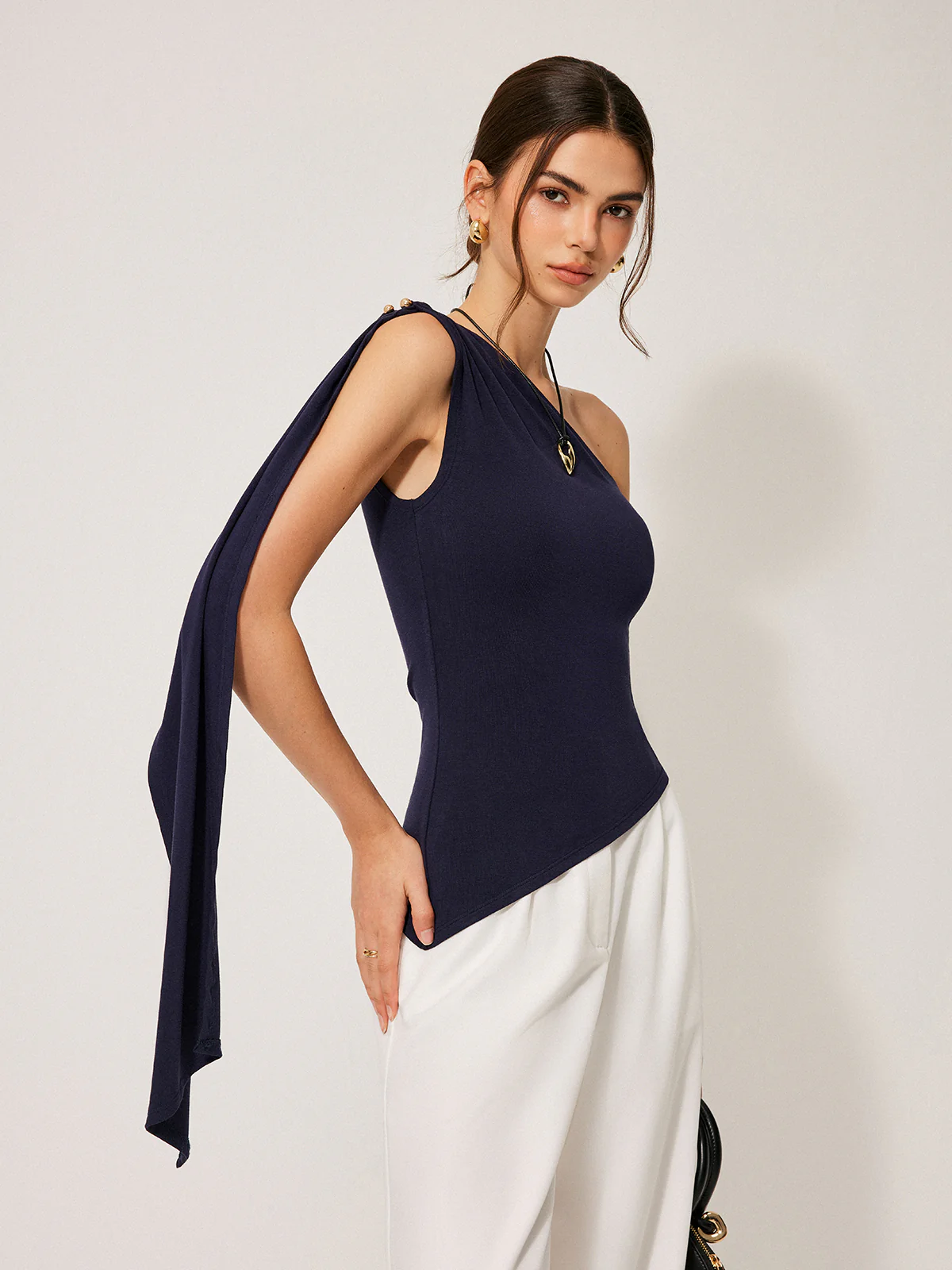 One-Shoulder Draped Tie Detail Top - Takermore