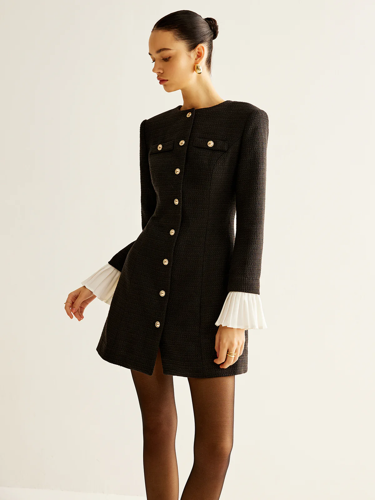 Pleated-Cuff Tweed Breasted Dress - Takermore