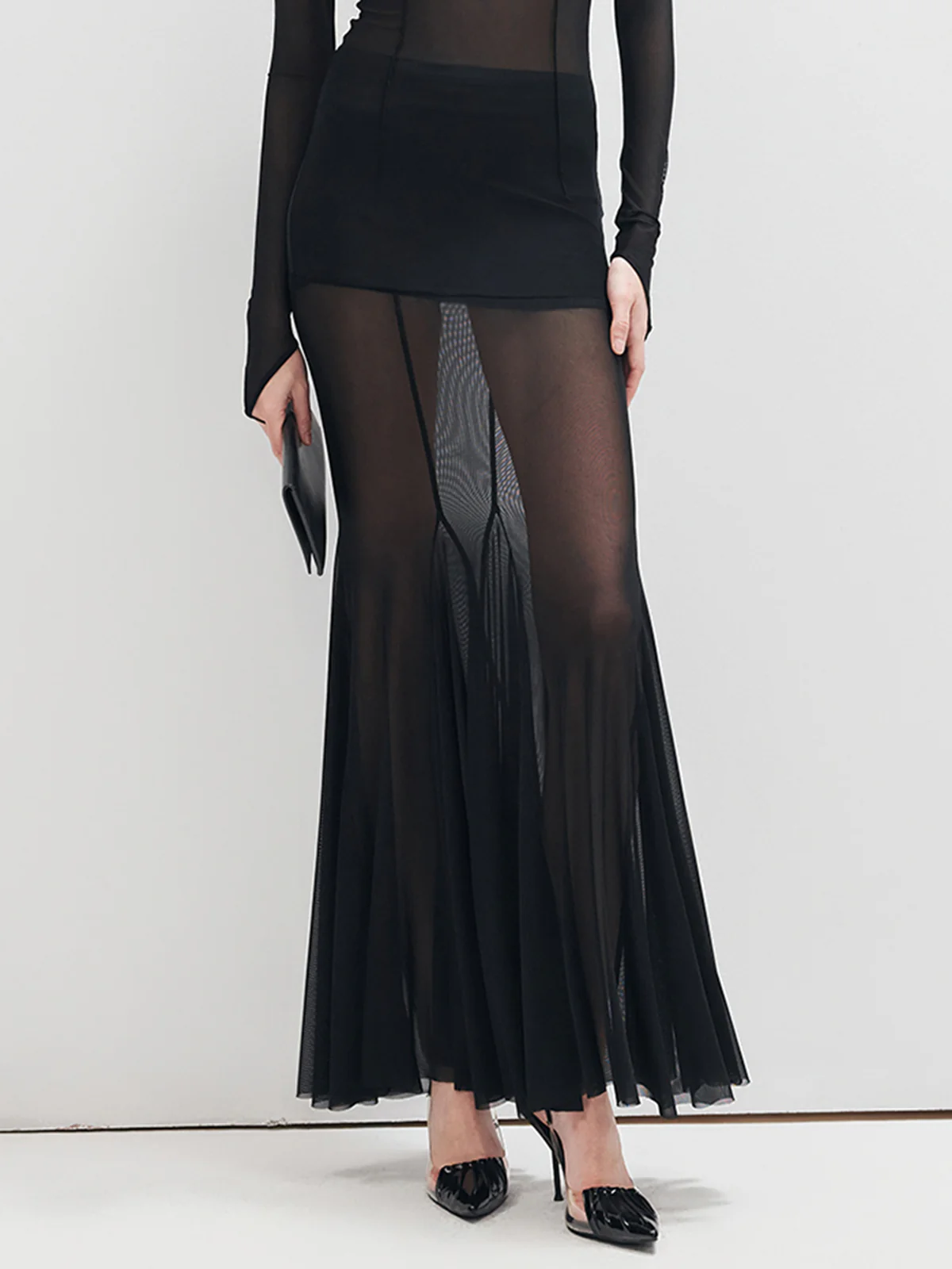 Ruffle Sheer Panel Maxi Skirt - Takermore