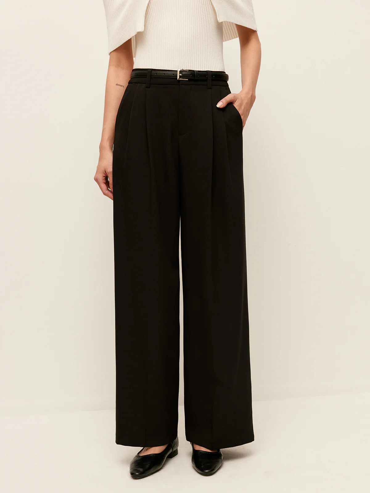 Belted Wide-Leg High-Waist Pants With Pockets - Takermore