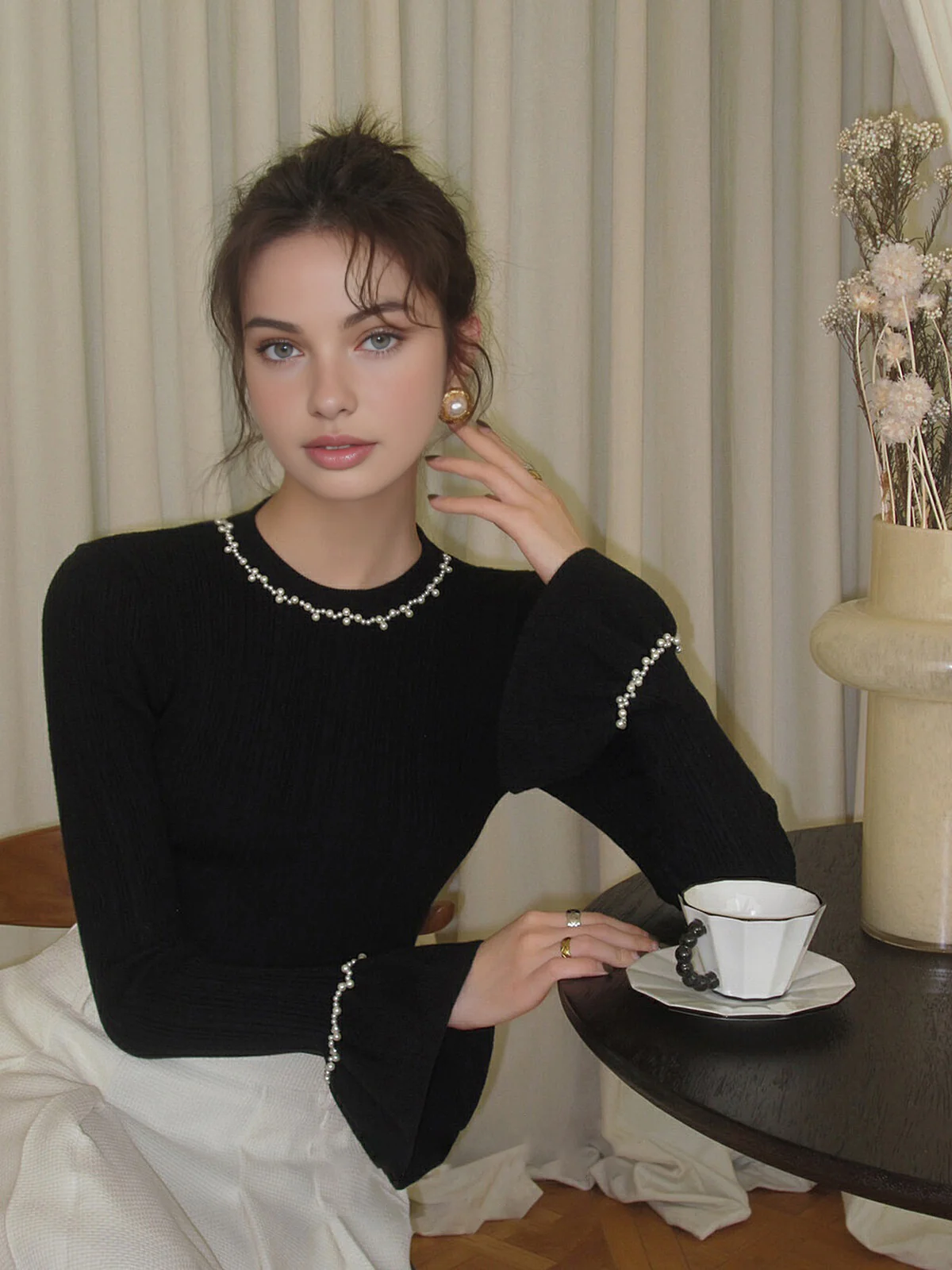 Beaded-Decor Ruffle Knit Top - Takermore