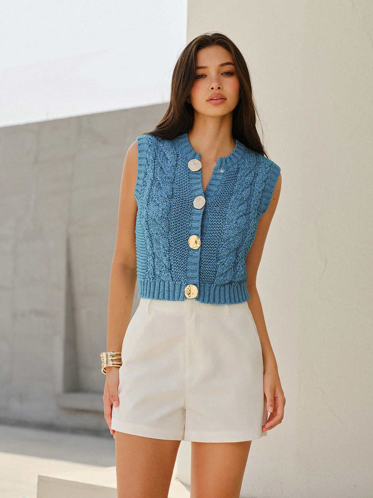 Cable-Knit Sleeveless Buttoned Vest - Takermore