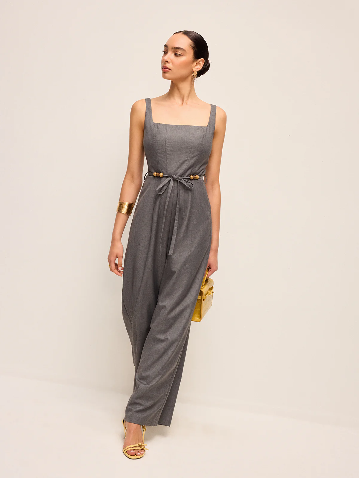 Square Neck Belted Jumpsuit With Beaded Waist Tie - Takermore