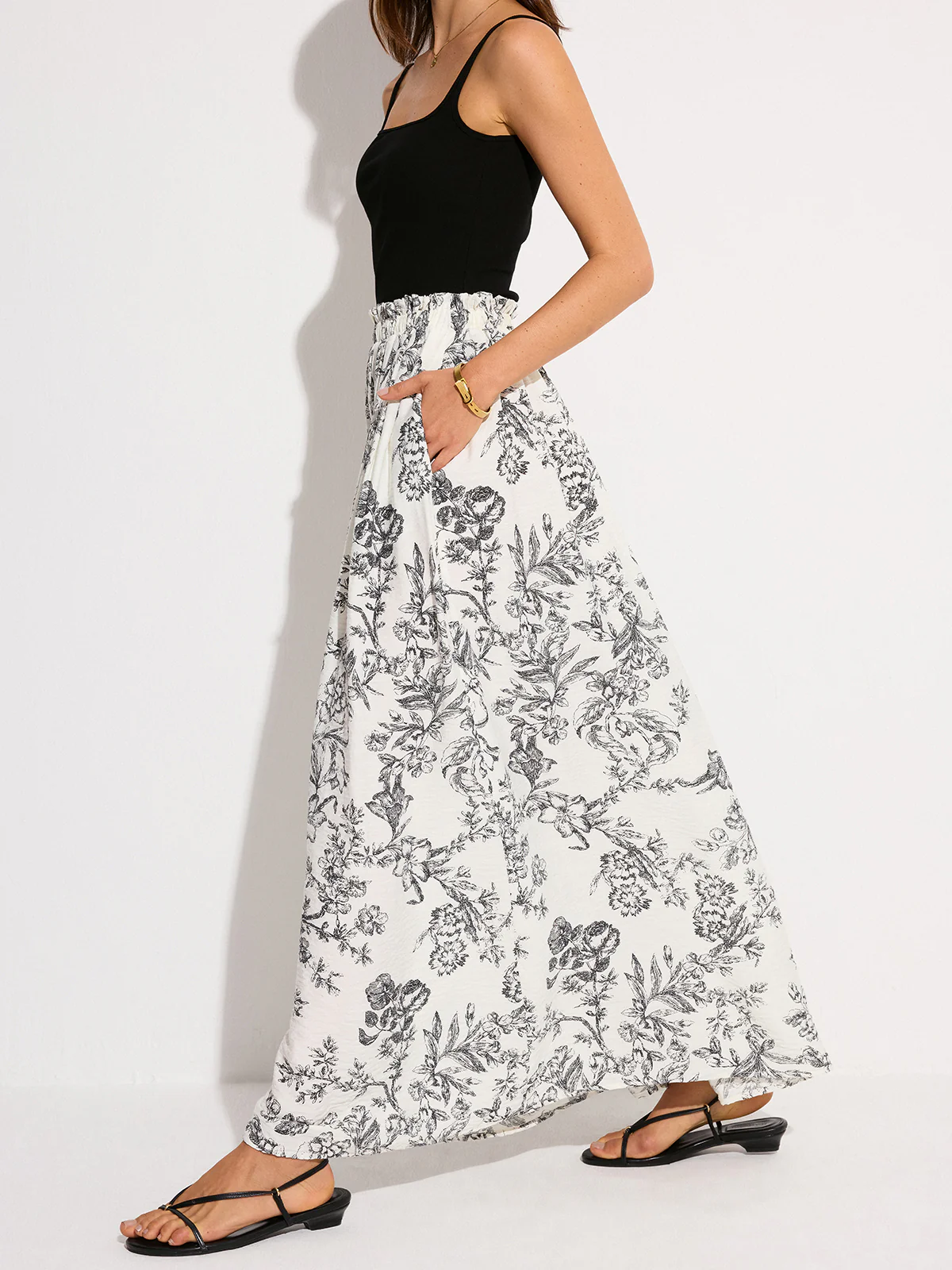 Pocketed Floral Print Maxi Skirt - Takermore