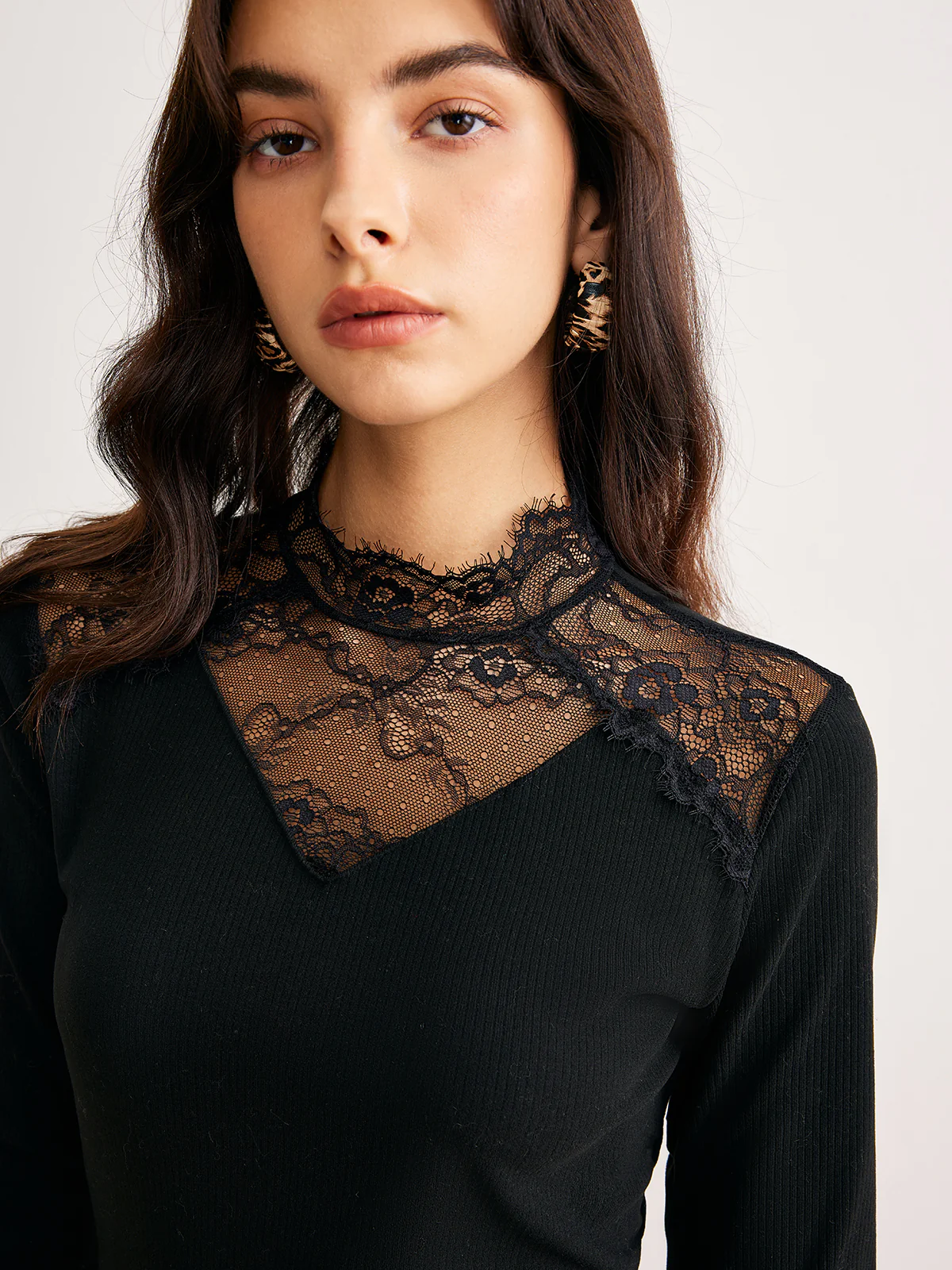 Sheer Lace Detail Slim Knit Top - Takermore