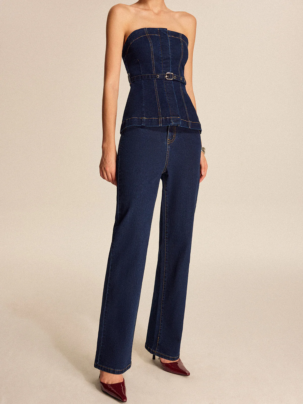 Denim Straight-Leg Pants With Belt - Takermore