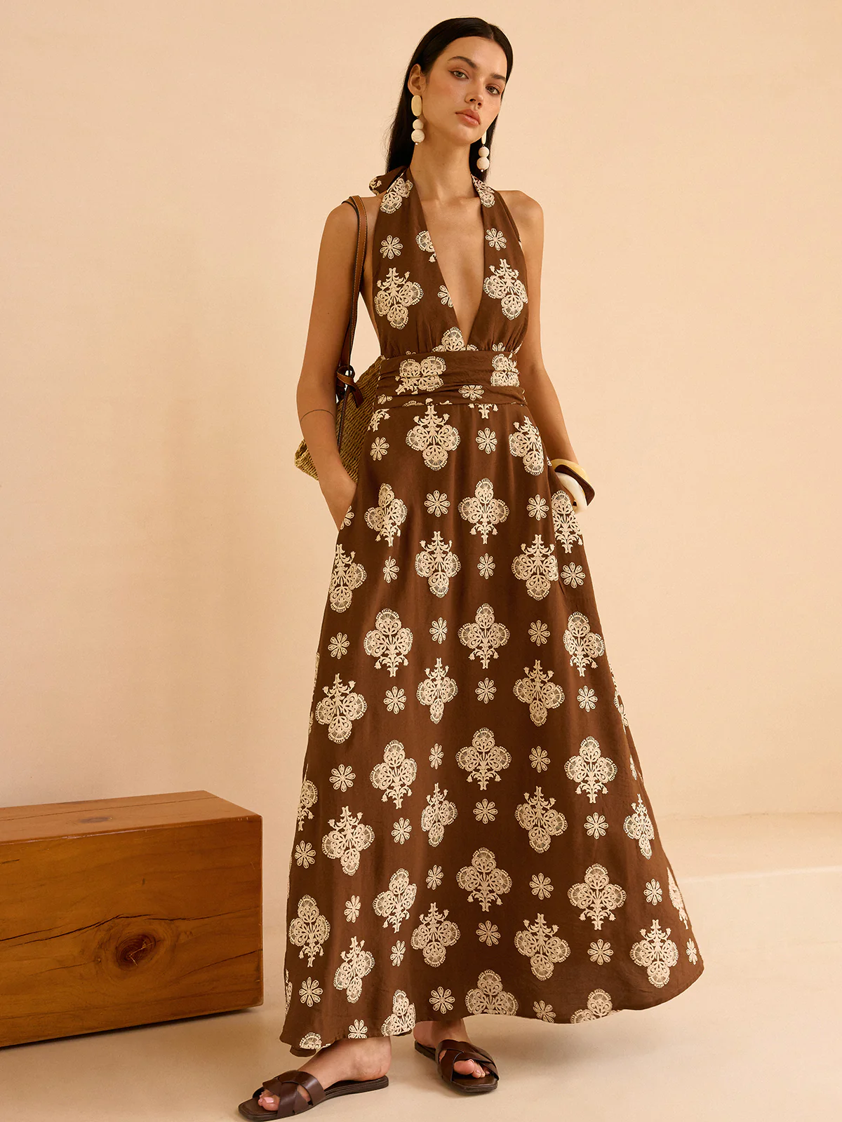 Floral Print Pocketed Halter Neck Maxi Dress - Takermore