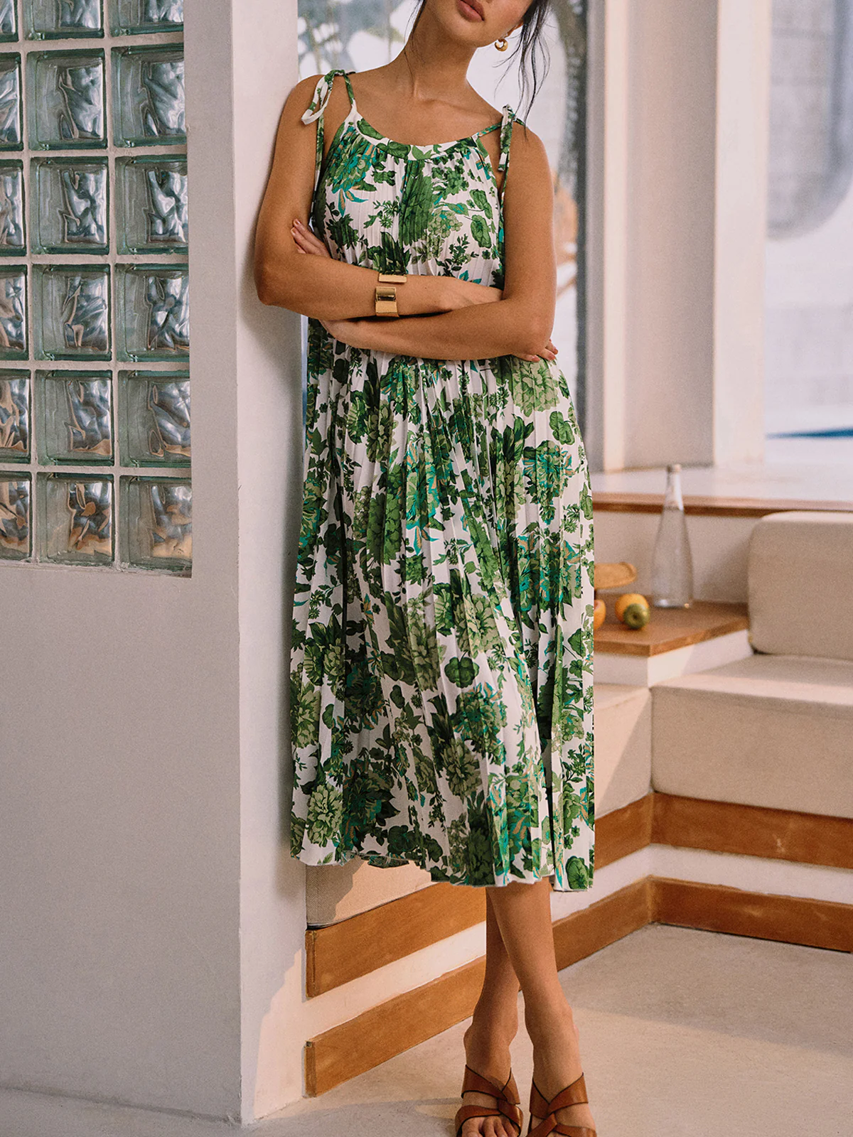 Floral Pleated Knotted Midi Dress - Takermore