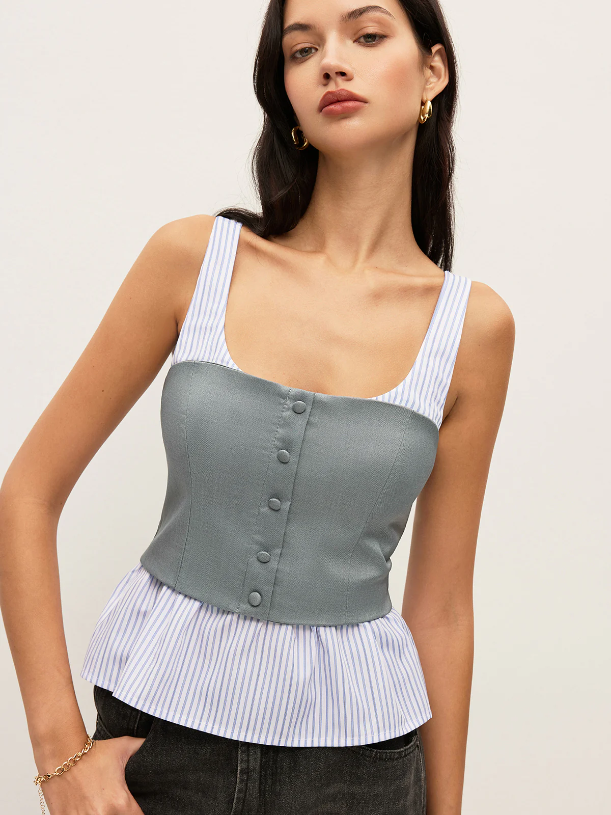 Striped & Solid Peplum Buttoned Top - Takermore