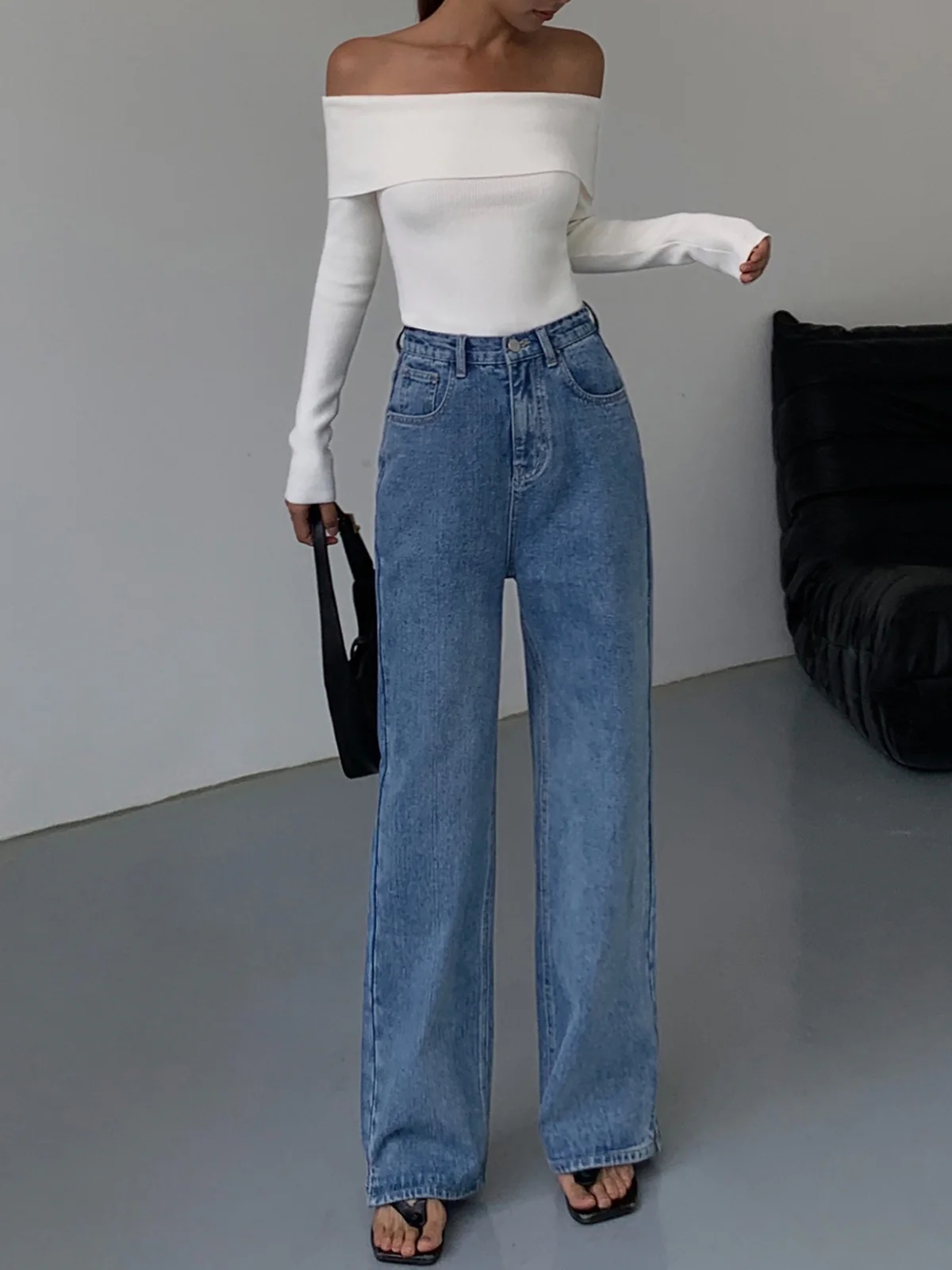 Off Shoulder Overfold Long Sleeve Knit Top - Takermore