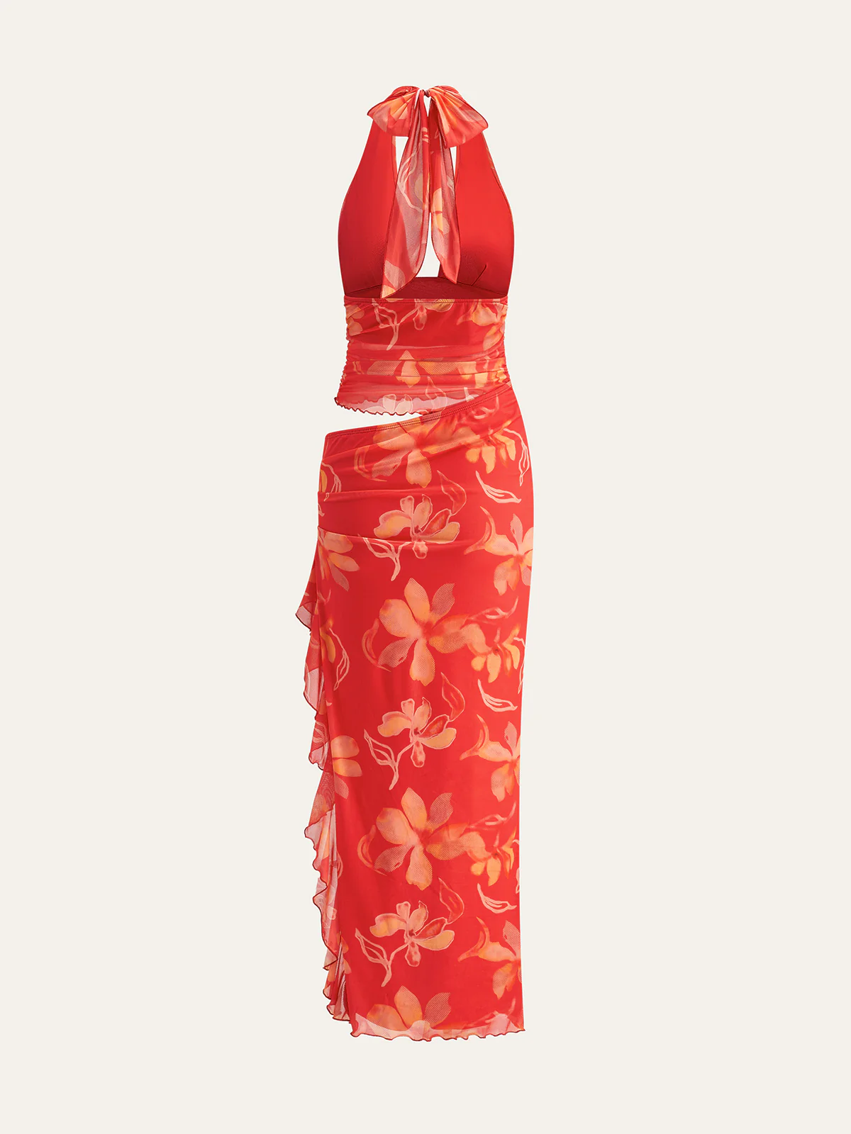 Semi-Sheer Ruffled Floral Halter Dress - Takermore