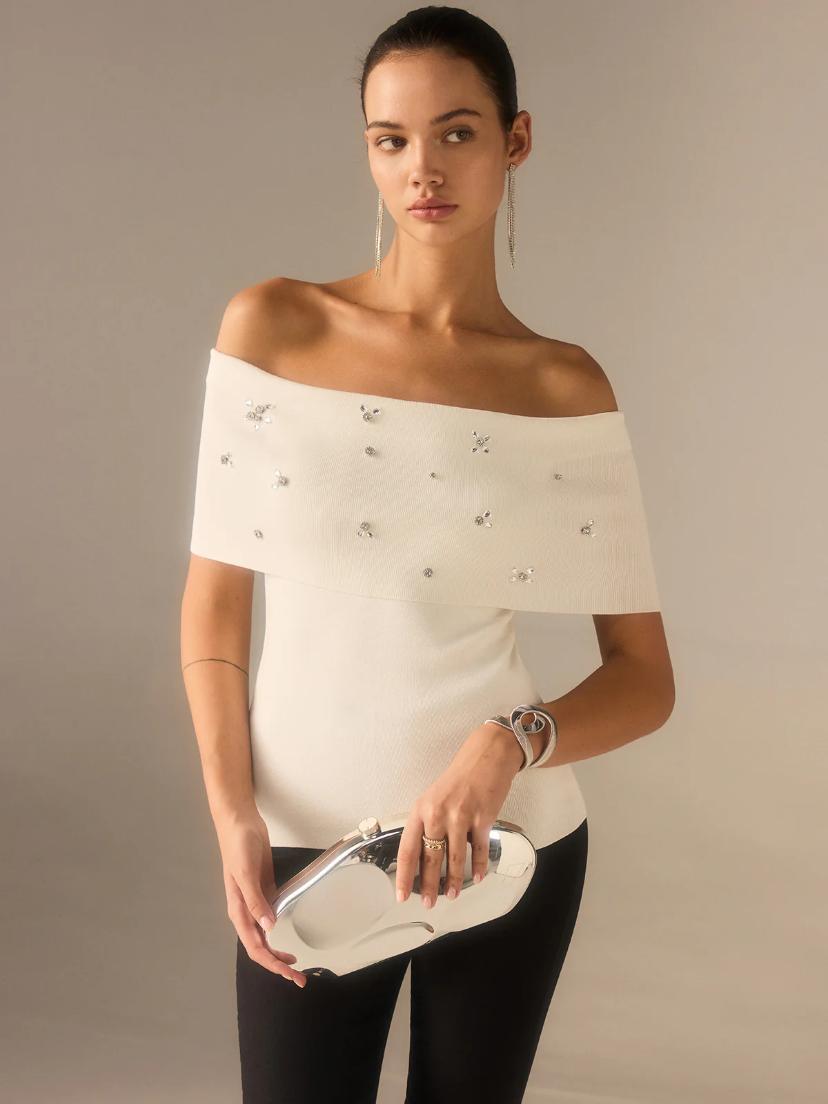Off-Shoulder Knit Top with Crystal Embellishments - Takermore