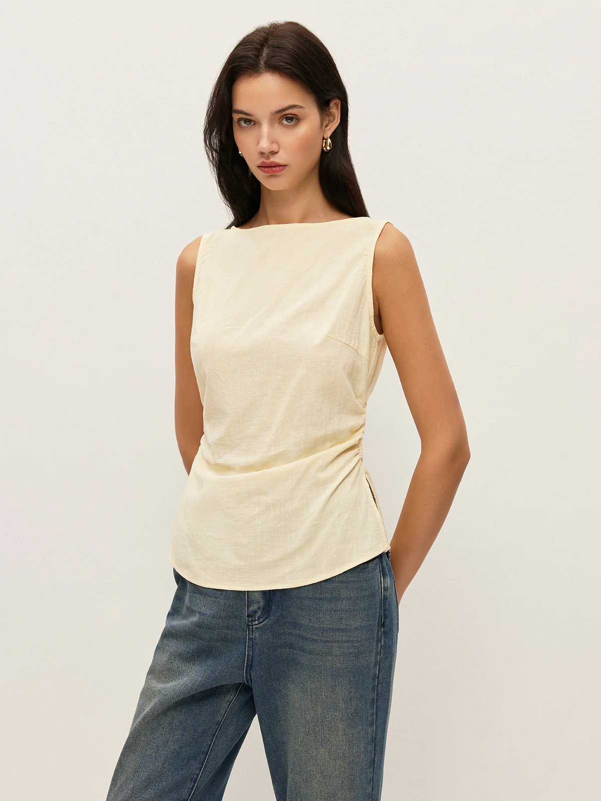 Cotton Solid Boat Neck Ruched Waist Sleeveless Blouse - Takermore