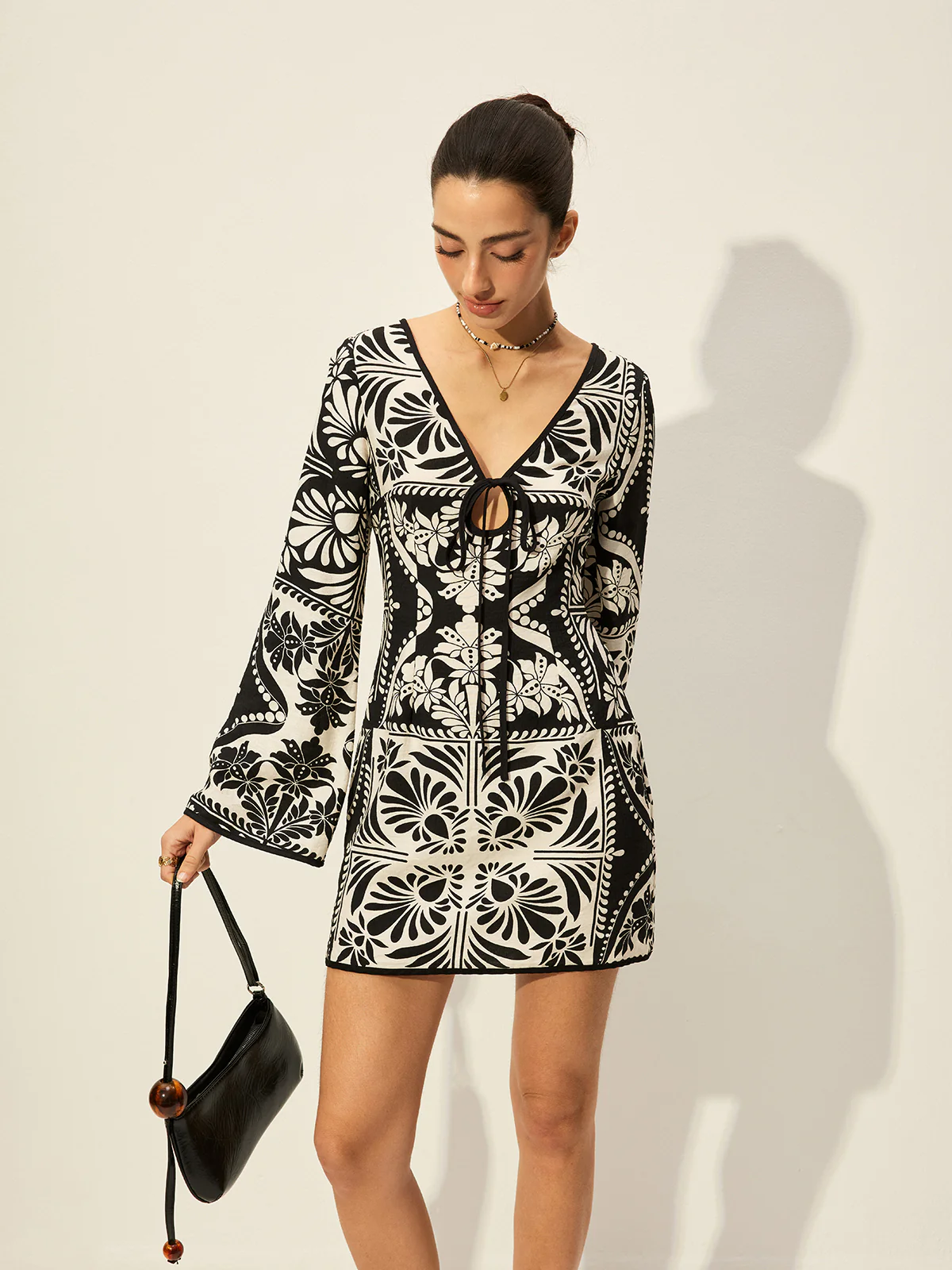 Printed Tie-Front Bell Sleeve Dress - Takermore