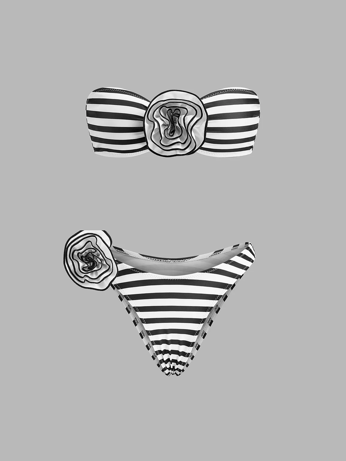 Striped Floral Detail Bandeau Bikini Set - Takermore
