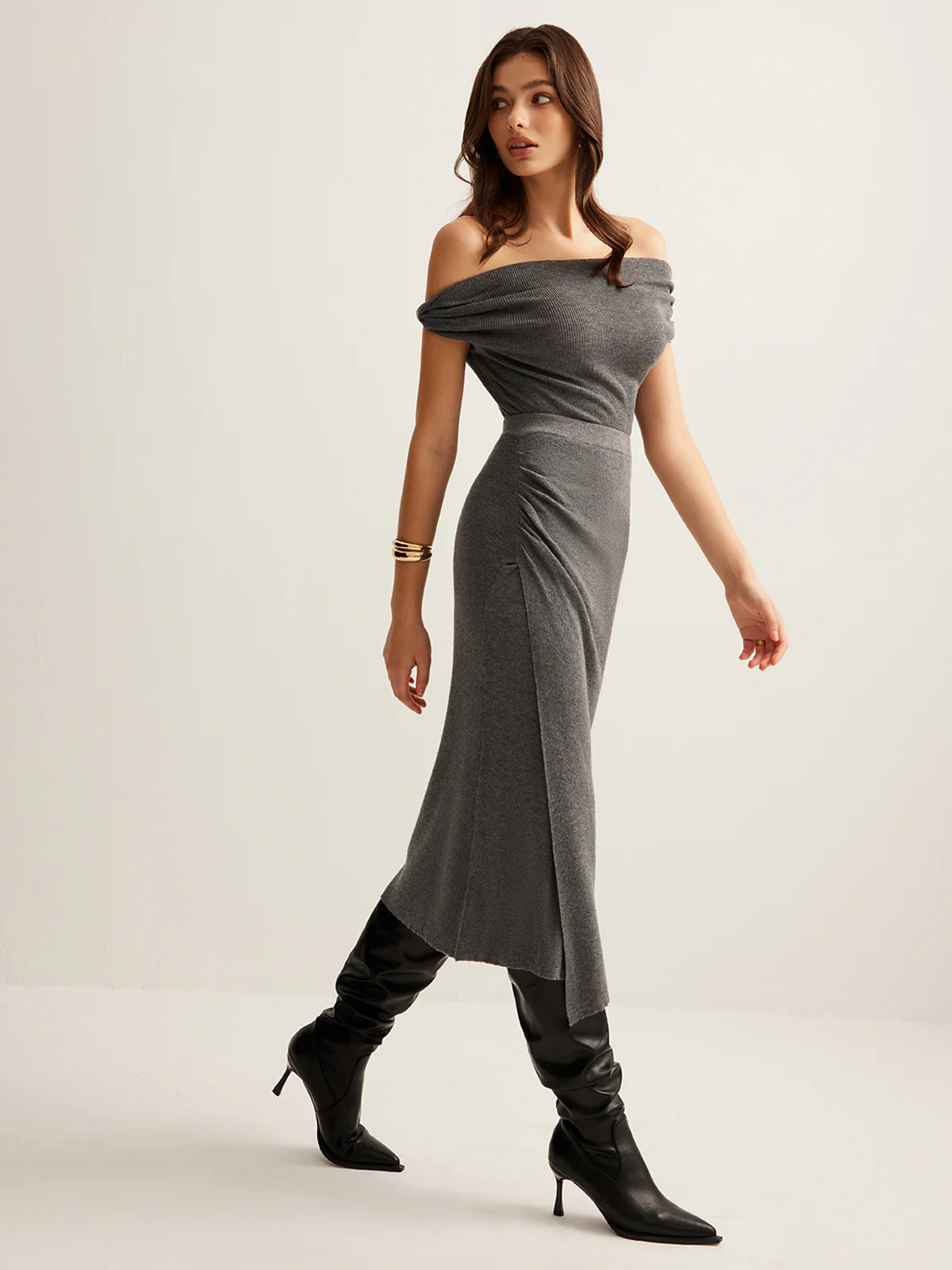 Wool-Blend Ruched Sweater Skirt Set - Takermore