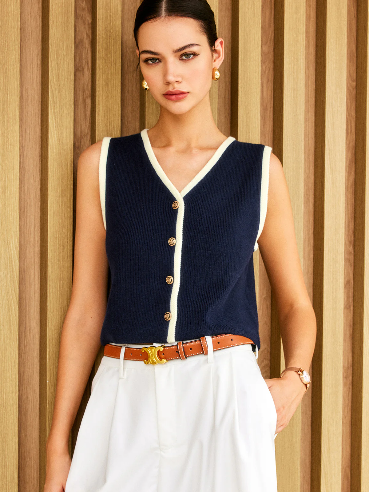 Contrast Binding Golden Button Sweater Vest - Takermore