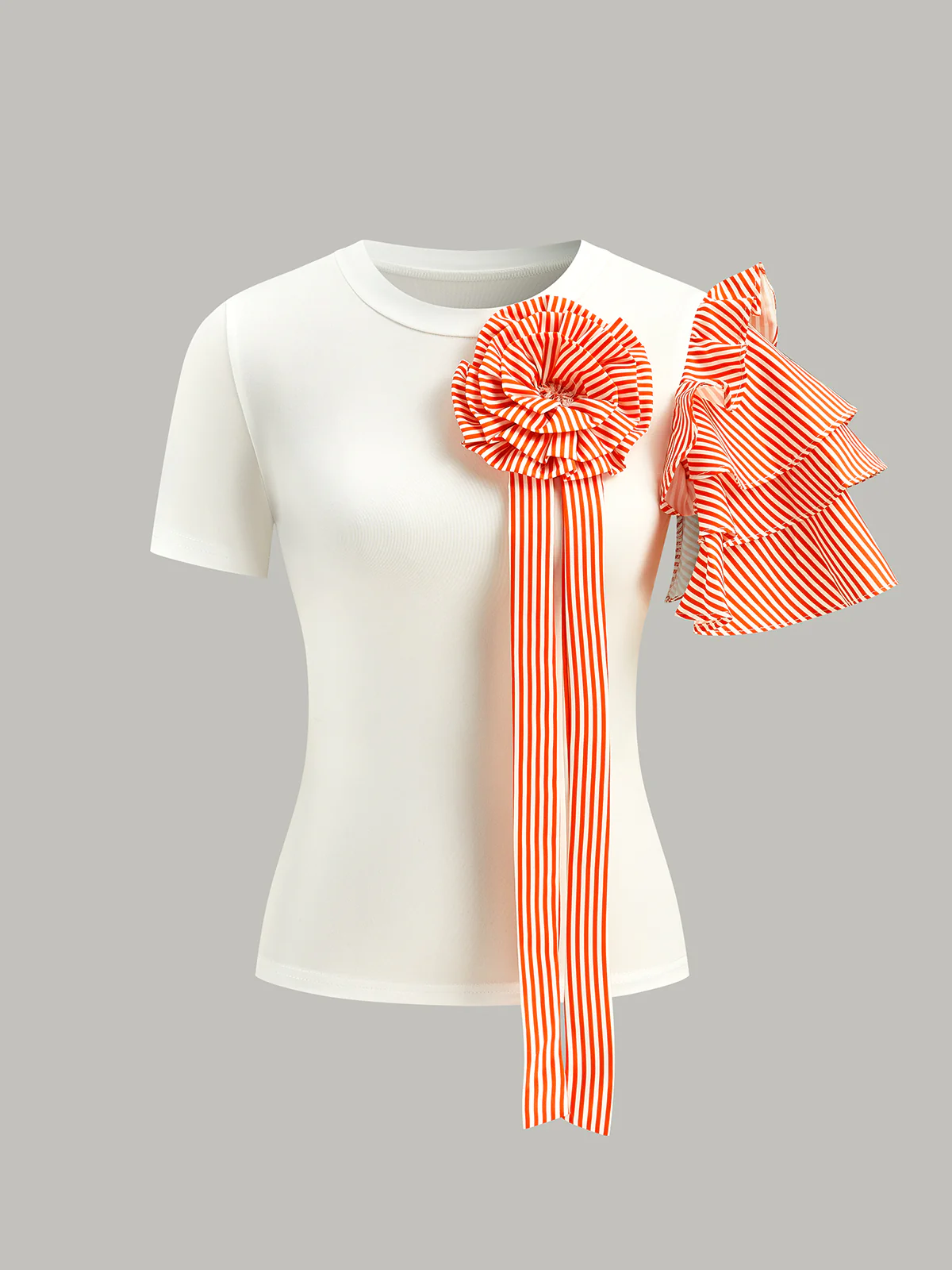 Striped Rosette Detail Top With Pants Set - Takermore