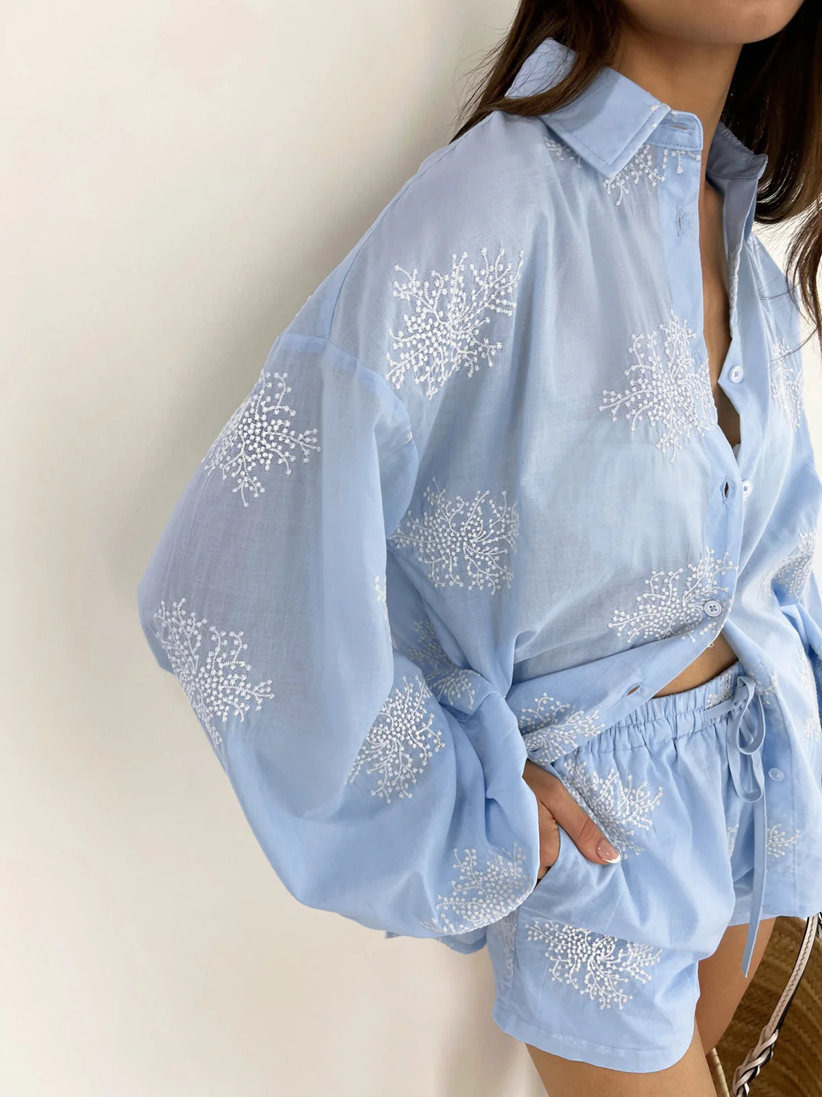 Plant Embroidery Casual Shorts Set - Takermore