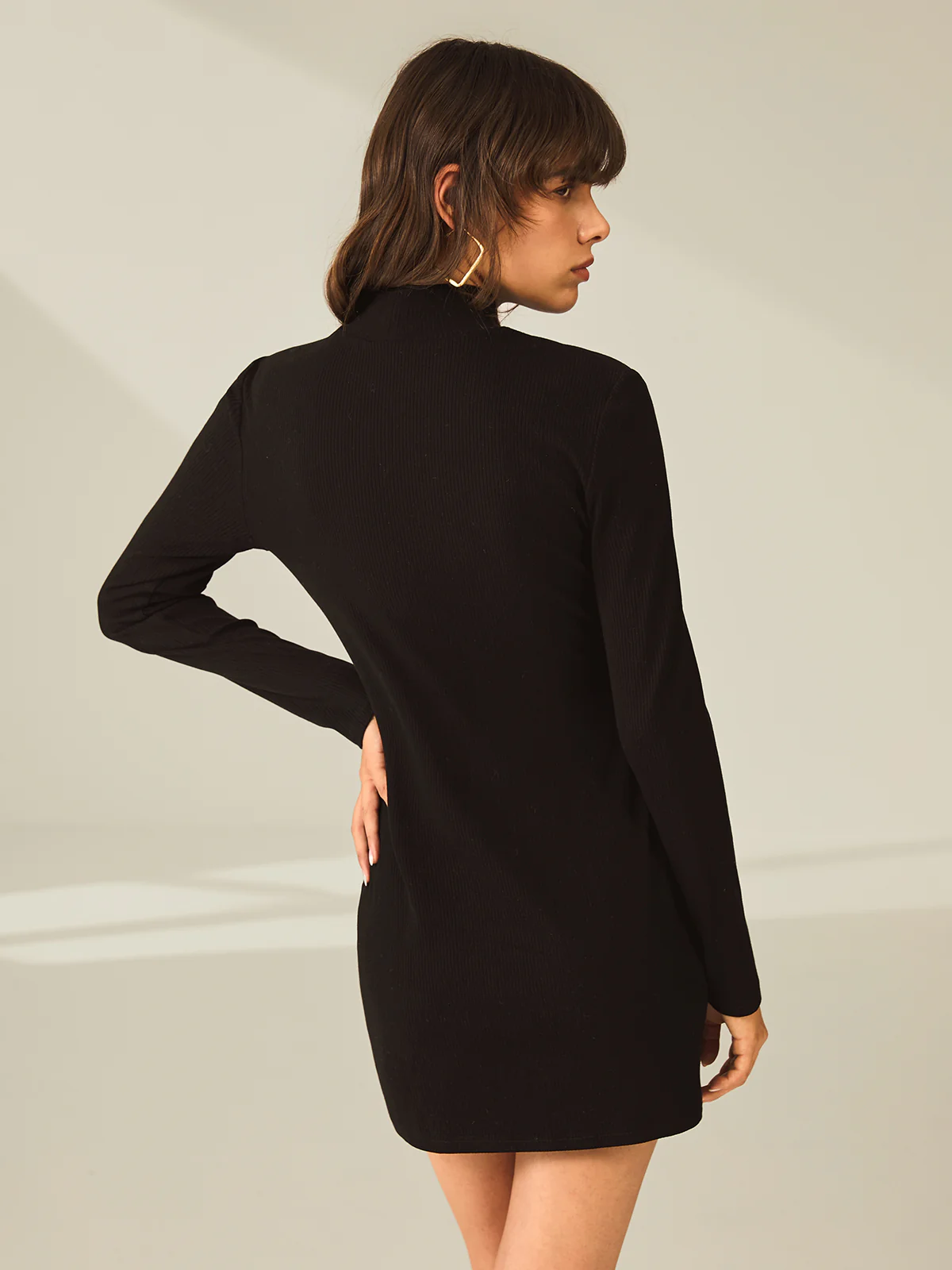 Turtleneck Long Sleeve Mini Dress with Slit and Ribbed Paneling - Takermore