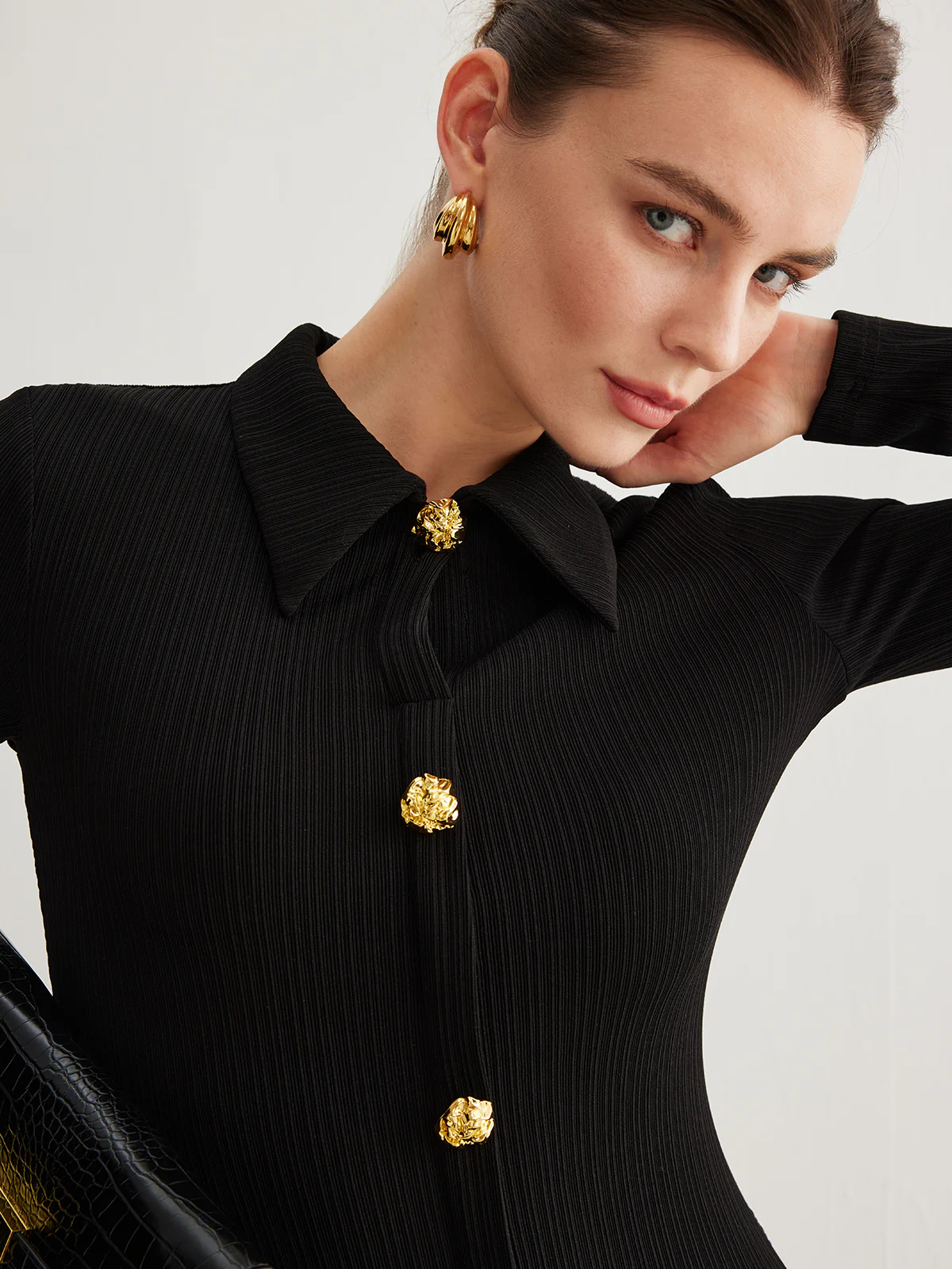 Metal Button-Down Split Lapel Dress - Takermore