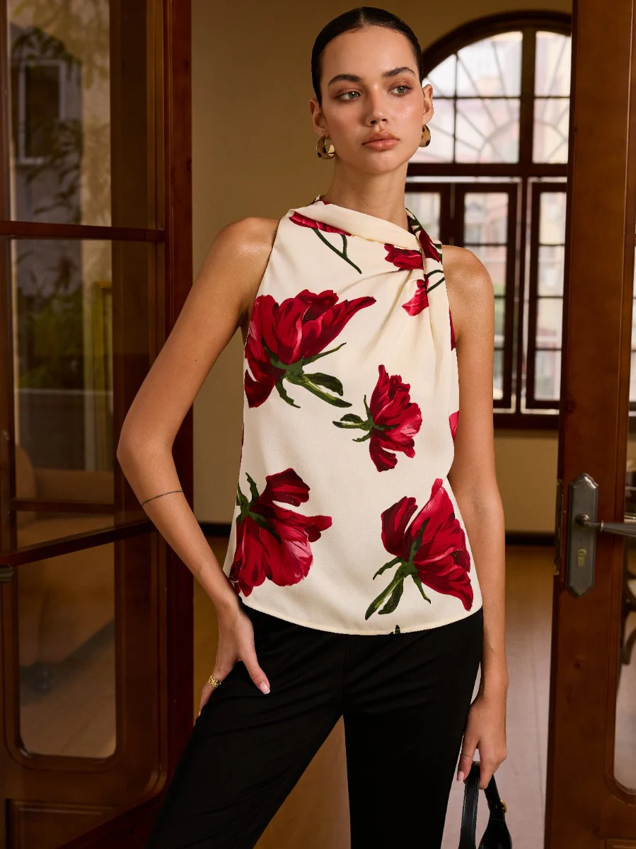 Floral Print Sleeveless Blouse with Knot Detail - Takermore