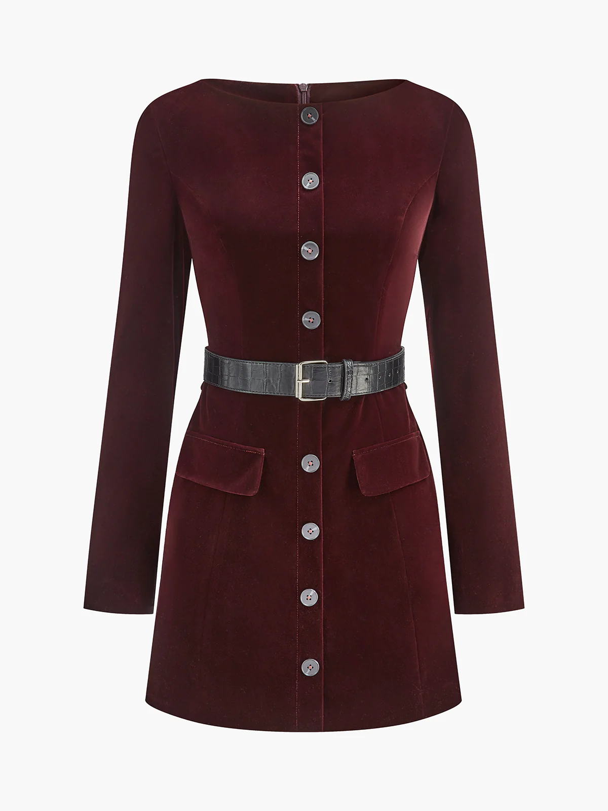 Velvet Button Short Dress With Belt - Takermore